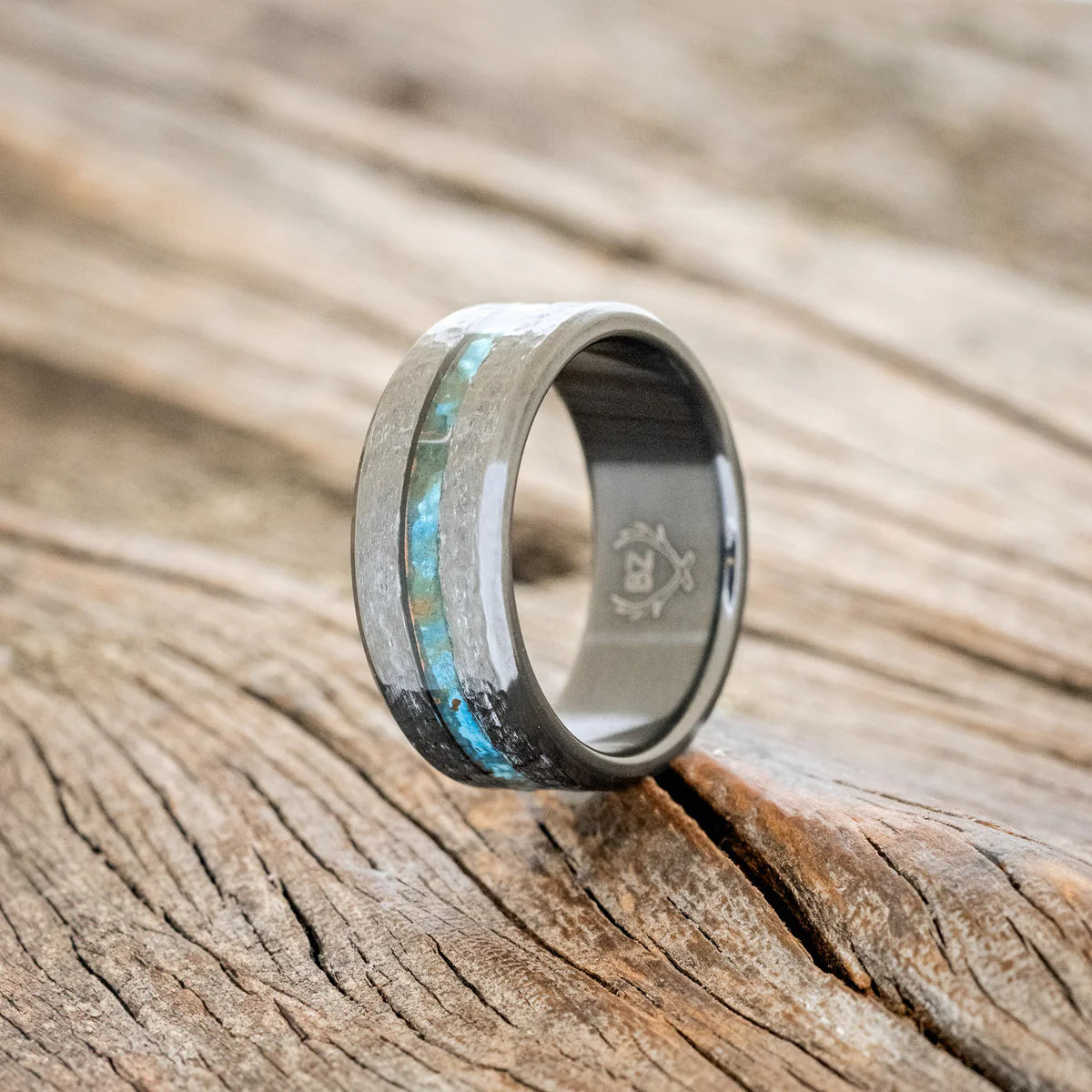Nirvana" - Centered Patina Copper Wedding Band Featuring a Hammered Finish - Black Zirconium (8mm) - Size 8-Staghead Designs