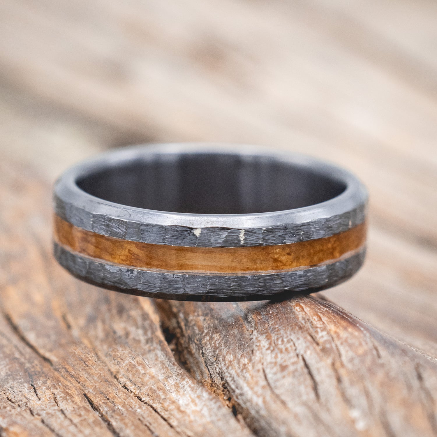 "NIRVANA" - CENTERED WHISKEY BARREL INLAY WEDDING BAND WITH HAMMERED FINISH-Staghead Designs