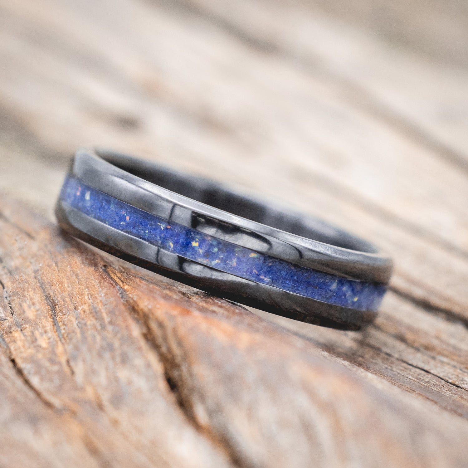 "NIRVANA" - WEDDING BAND WITH MIXED LAPIS LAZULI AND FIRE & ICE OPAL INLAY-Staghead Designs