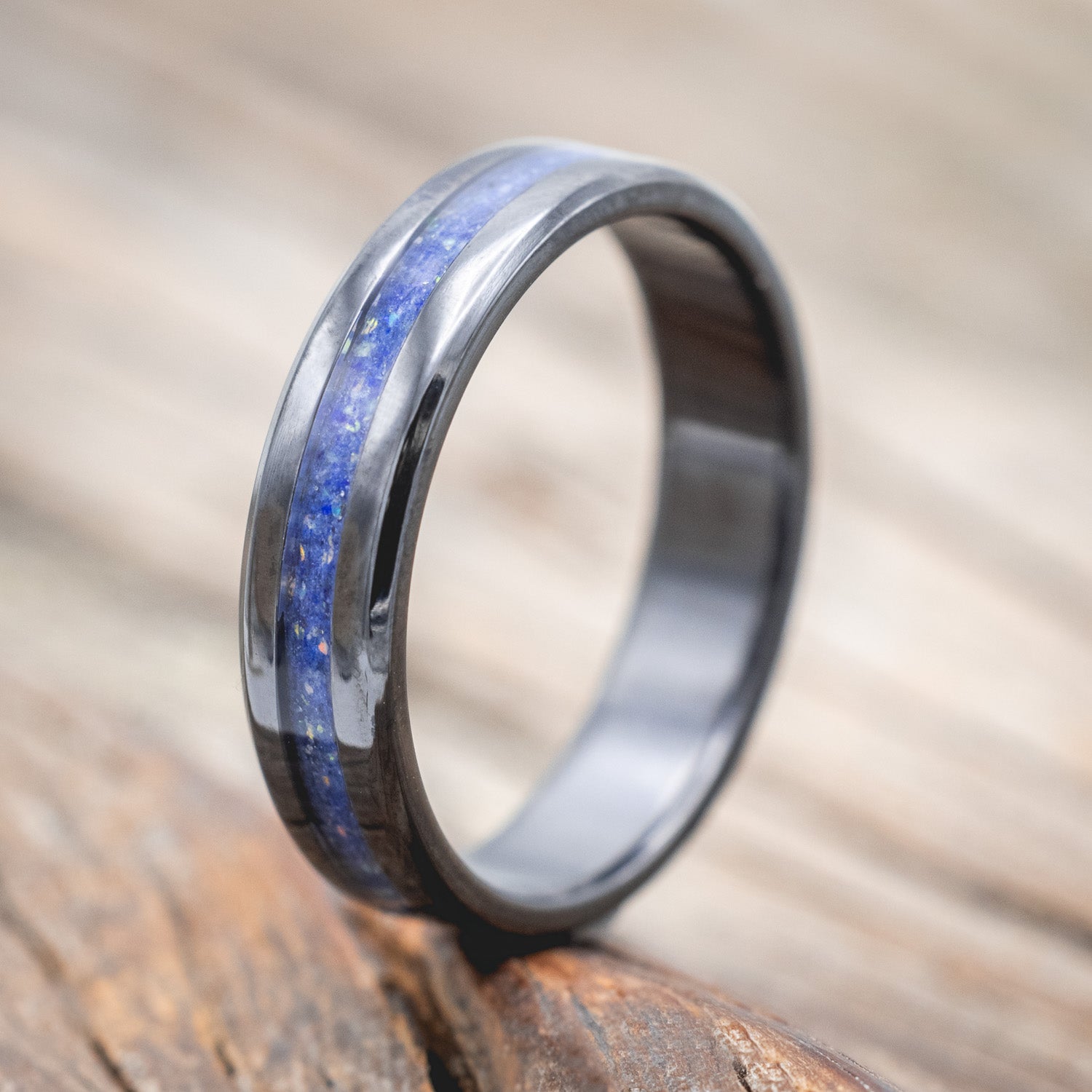"NIRVANA" - WEDDING BAND WITH MIXED LAPIS LAZULI AND FIRE & ICE OPAL INLAY-Staghead Designs