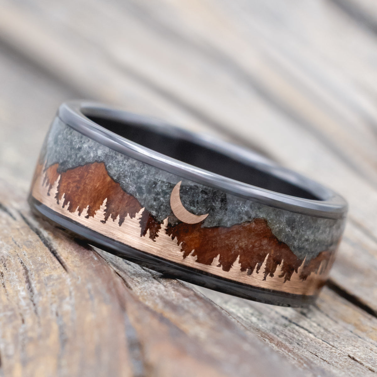 "Orion" - Moss Agate & Redwood Mountain Range Wedding Band With 14K Gold Tree & Crescent Moon Accents-Staghead Designs