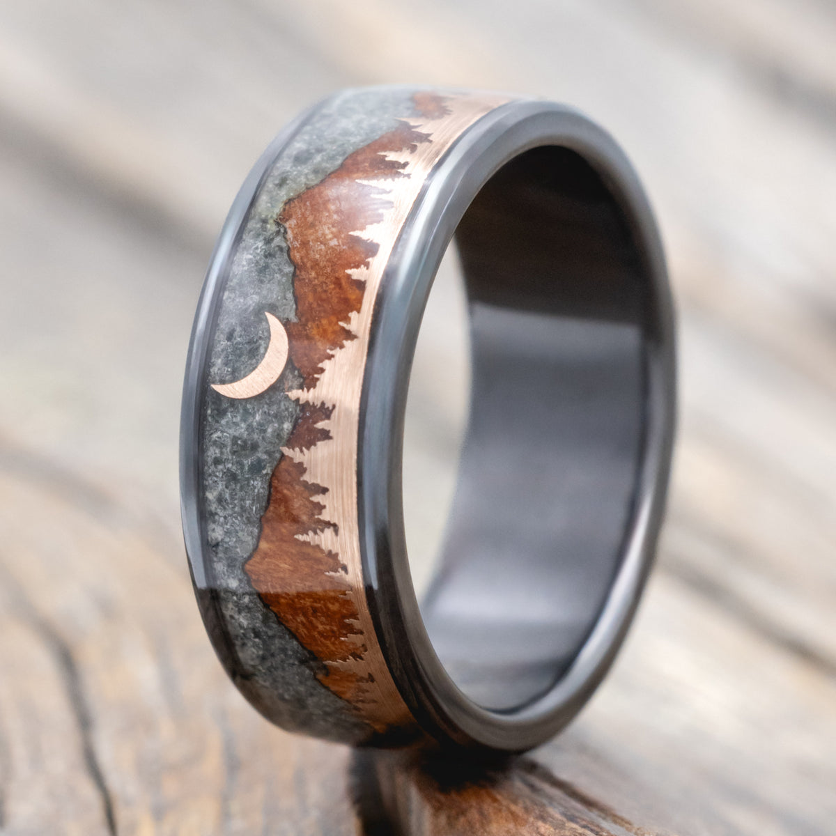 "Orion" - Moss Agate & Redwood Mountain Range Wedding Band With 14K Gold Tree & Crescent Moon Accents-Staghead Designs