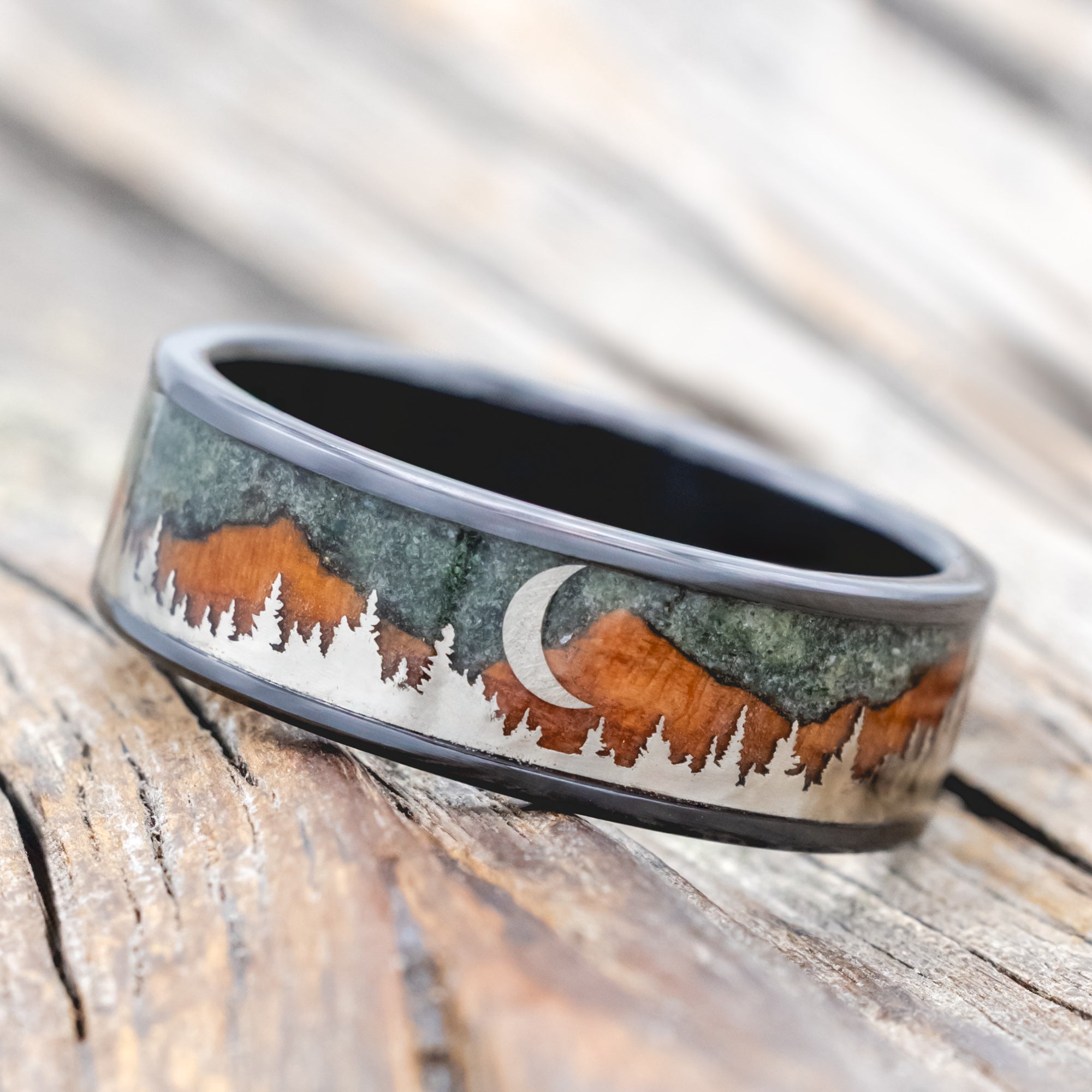 "ORION" - MOSS AGATE & REDWOOD TETON MOUNTAIN RANGE WEDDING BAND WITH 14K GOLD TREE & CRESCENT MOON ACCENTS-Staghead Designs