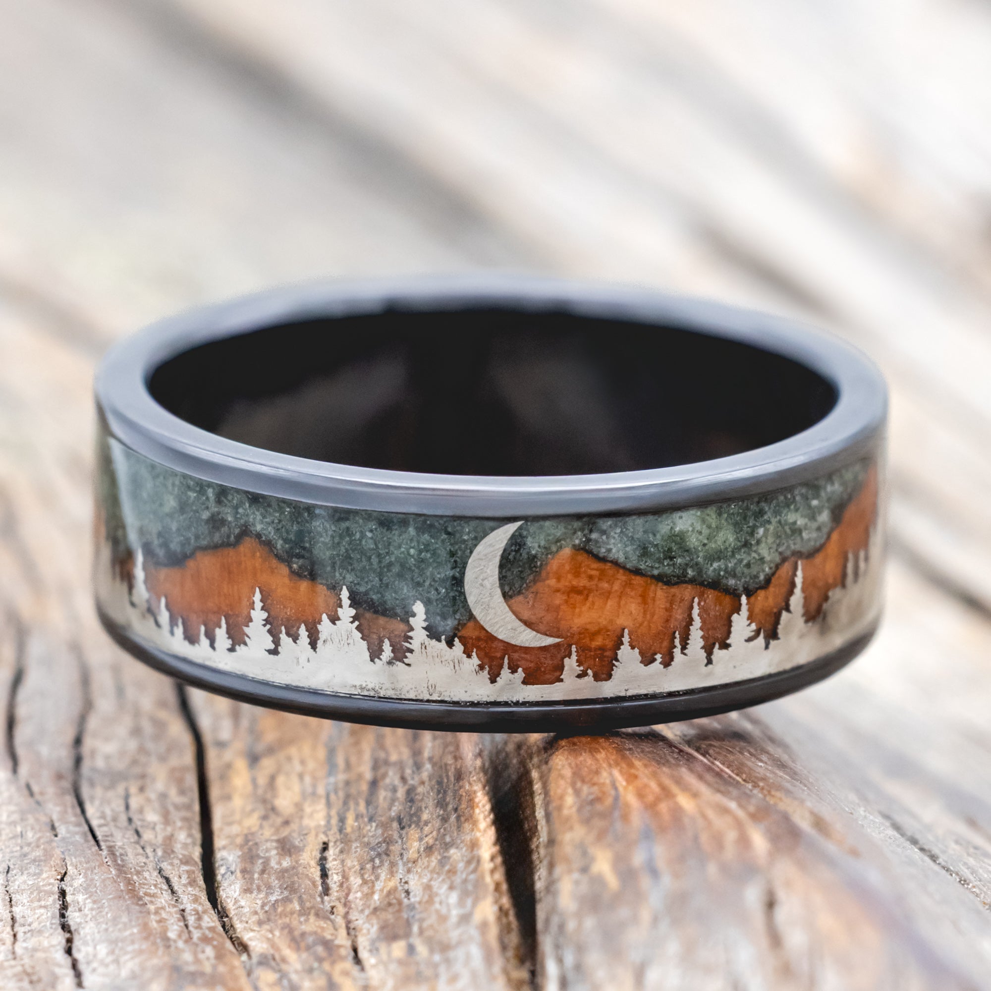 "ORION" - MOSS AGATE & REDWOOD TETON MOUNTAIN RANGE WEDDING BAND WITH 14K GOLD TREE & CRESCENT MOON ACCENTS-Staghead Designs