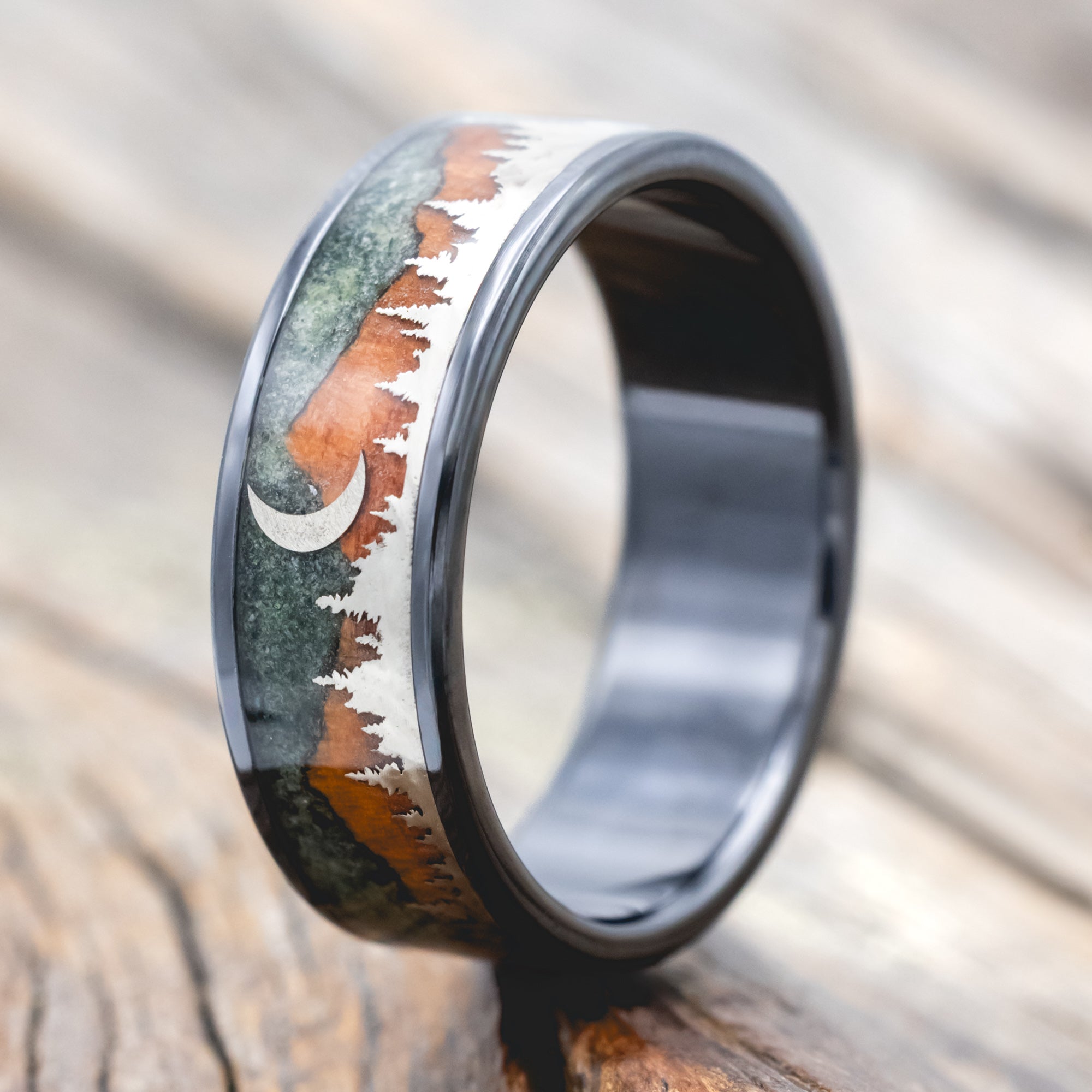 "ORION" - MOSS AGATE & REDWOOD TETON MOUNTAIN RANGE WEDDING BAND WITH 14K GOLD TREE & CRESCENT MOON ACCENTS-Staghead Designs