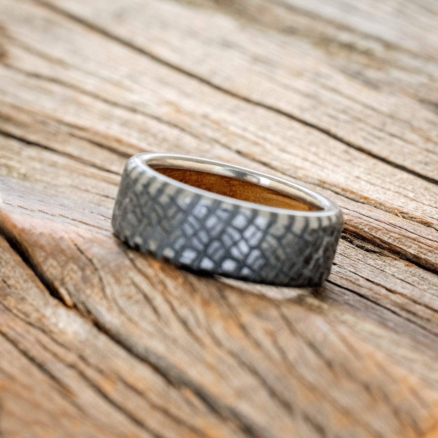 "PARCEL" - CUSTOM EMBOSSED TIRE TREAD WEDDING RING WITH A WHISKEY BARREL LINING-5