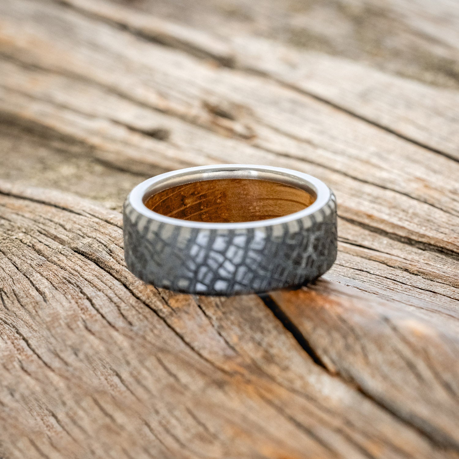 "PARCEL" - CUSTOM EMBOSSED TIRE TREAD WEDDING RING WITH A WHISKEY BARREL LINING-3