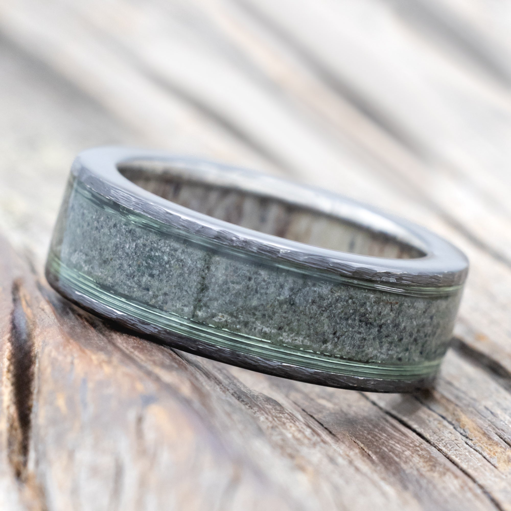 "RAINIER" - CRUSHED MOSS AGATE & FISHING LINE WEDDING BAND WITH AN ANTLER LINING & A HAMMERED FINISH-Staghead Designs
