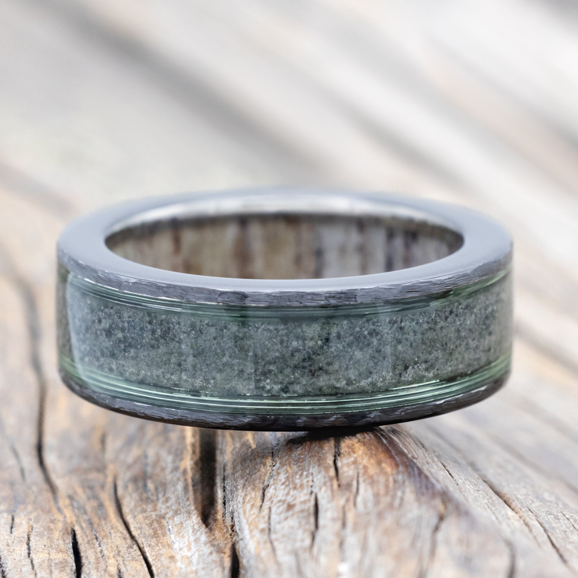 "RAINIER" - CRUSHED MOSS AGATE & FISHING LINE WEDDING BAND WITH AN ANTLER LINING & A HAMMERED FINISH-Staghead Designs