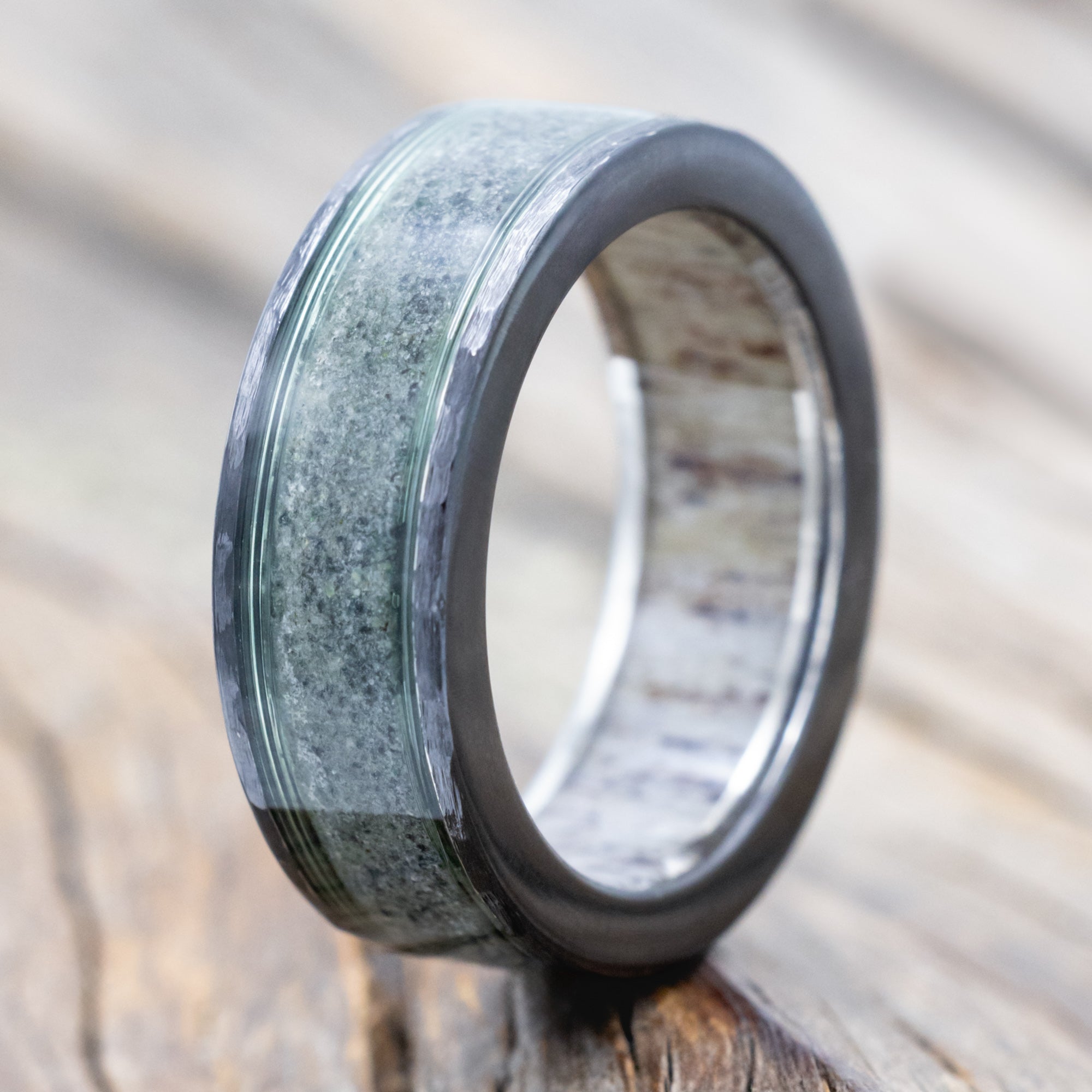 "RAINIER" - CRUSHED MOSS AGATE & FISHING LINE WEDDING BAND WITH AN ANTLER LINING & A HAMMERED FINISH-Staghead Designs