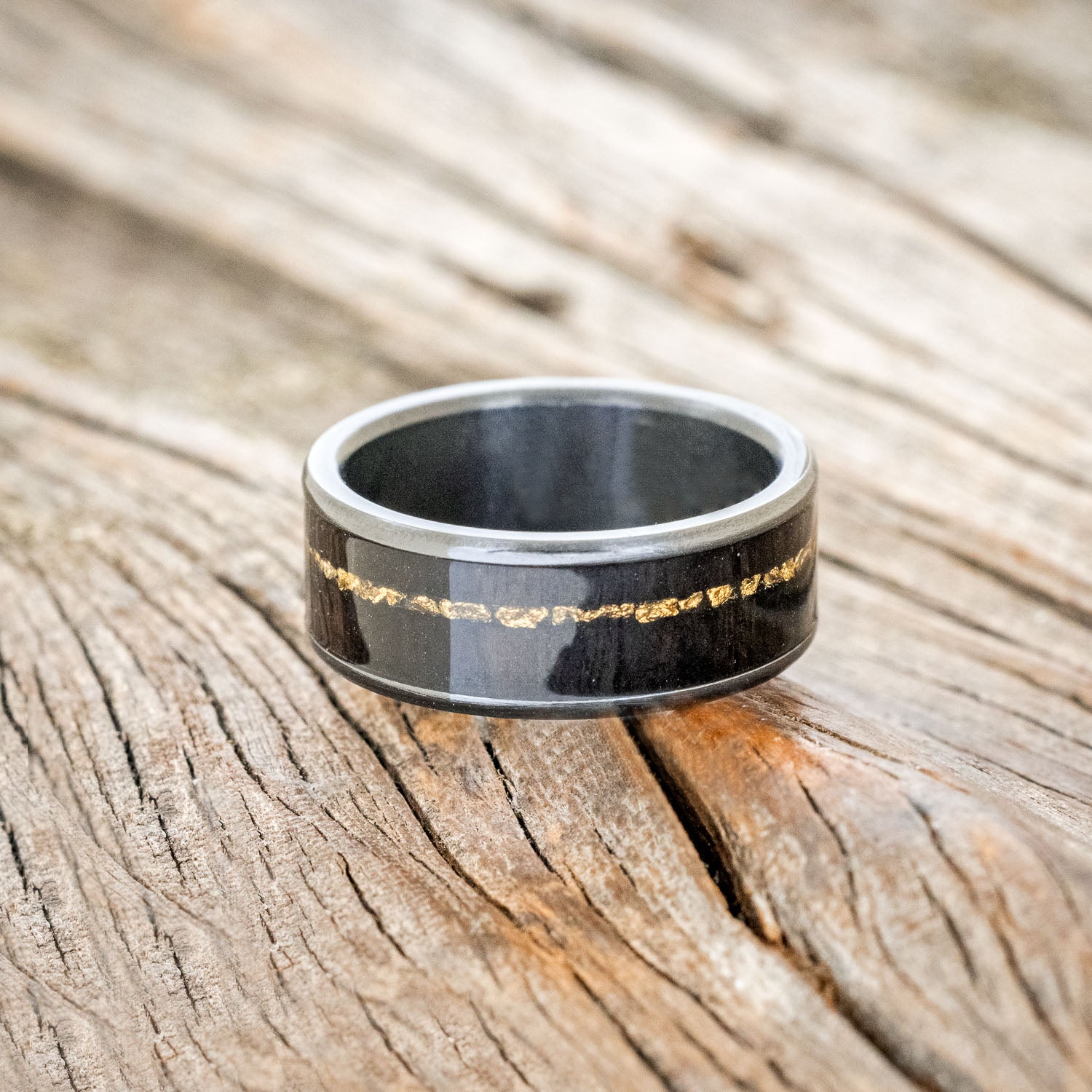 "RAINIER" - AFRICAN BLACK WOOD & GOLD NUGGETS WEDDING RING-3