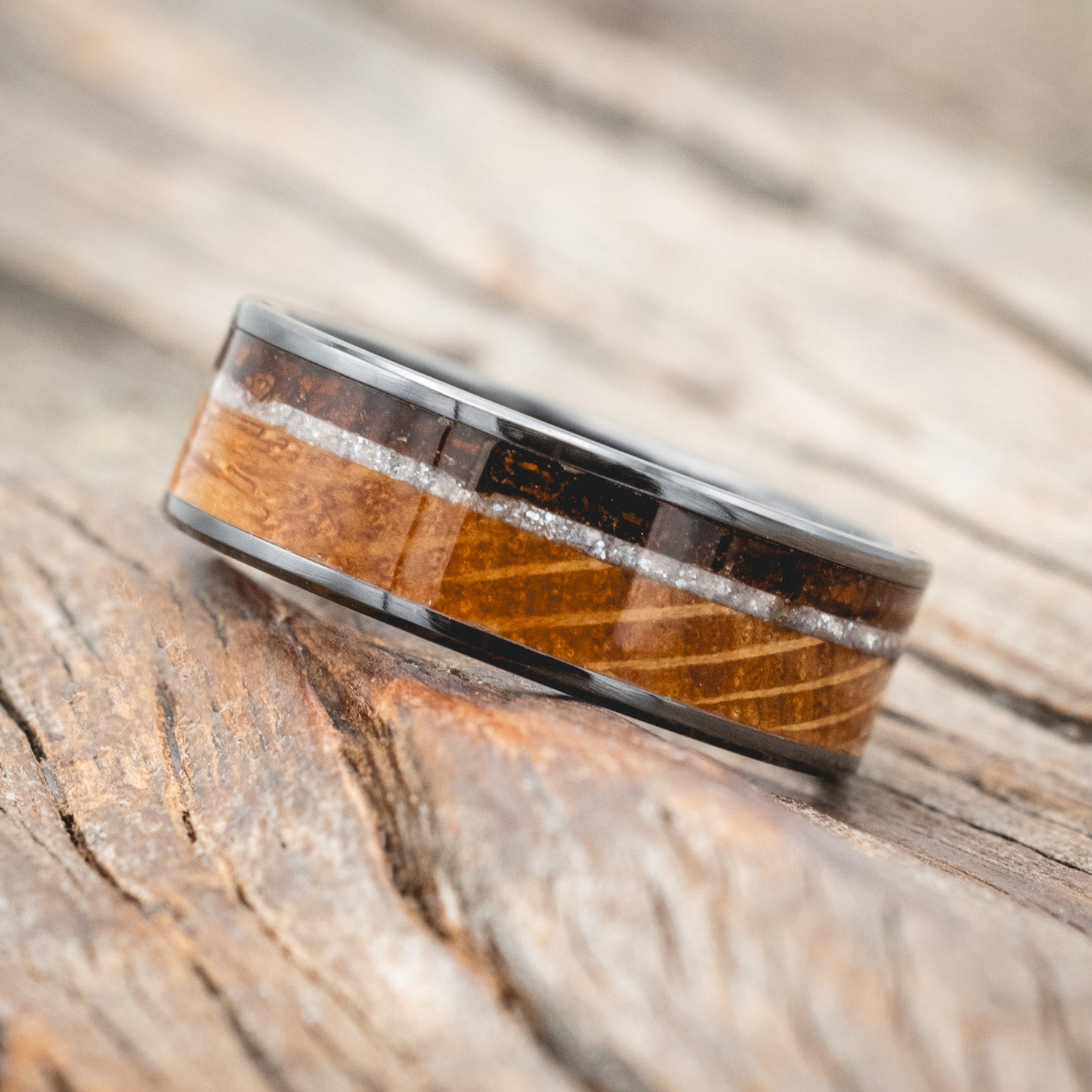 "RAINIER" - DIAMOND DUST, WHISKEY BARREL & COFFEE INLAY WEDDING BAND-Staghead Designs