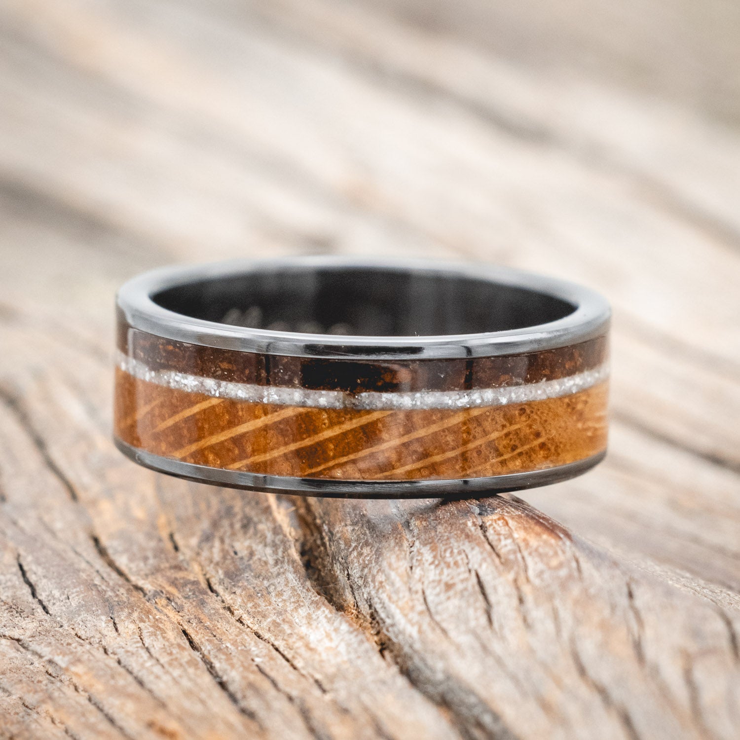 "RAINIER" - DIAMOND DUST, WHISKEY BARREL & COFFEE INLAY WEDDING BAND-Staghead Designs