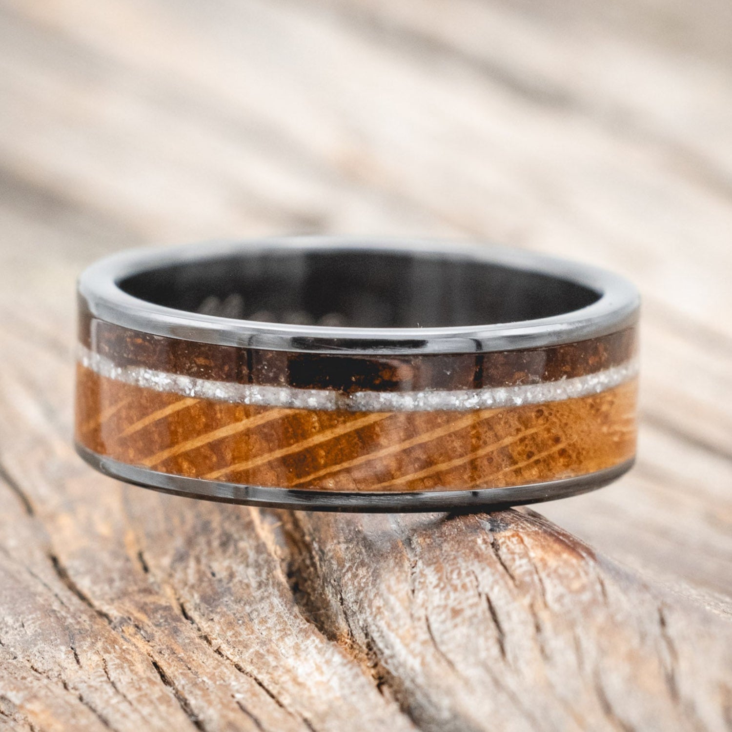 "RAINIER" - DIAMOND DUST, WHISKEY BARREL & COFFEE INLAY WEDDING BAND-Staghead Designs