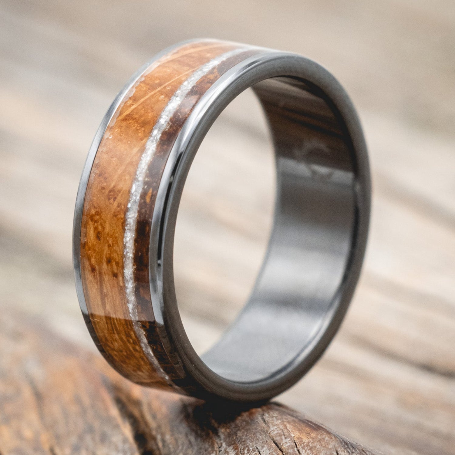 "RAINIER" - DIAMOND DUST, WHISKEY BARREL & COFFEE INLAY WEDDING BAND-Staghead Designs
