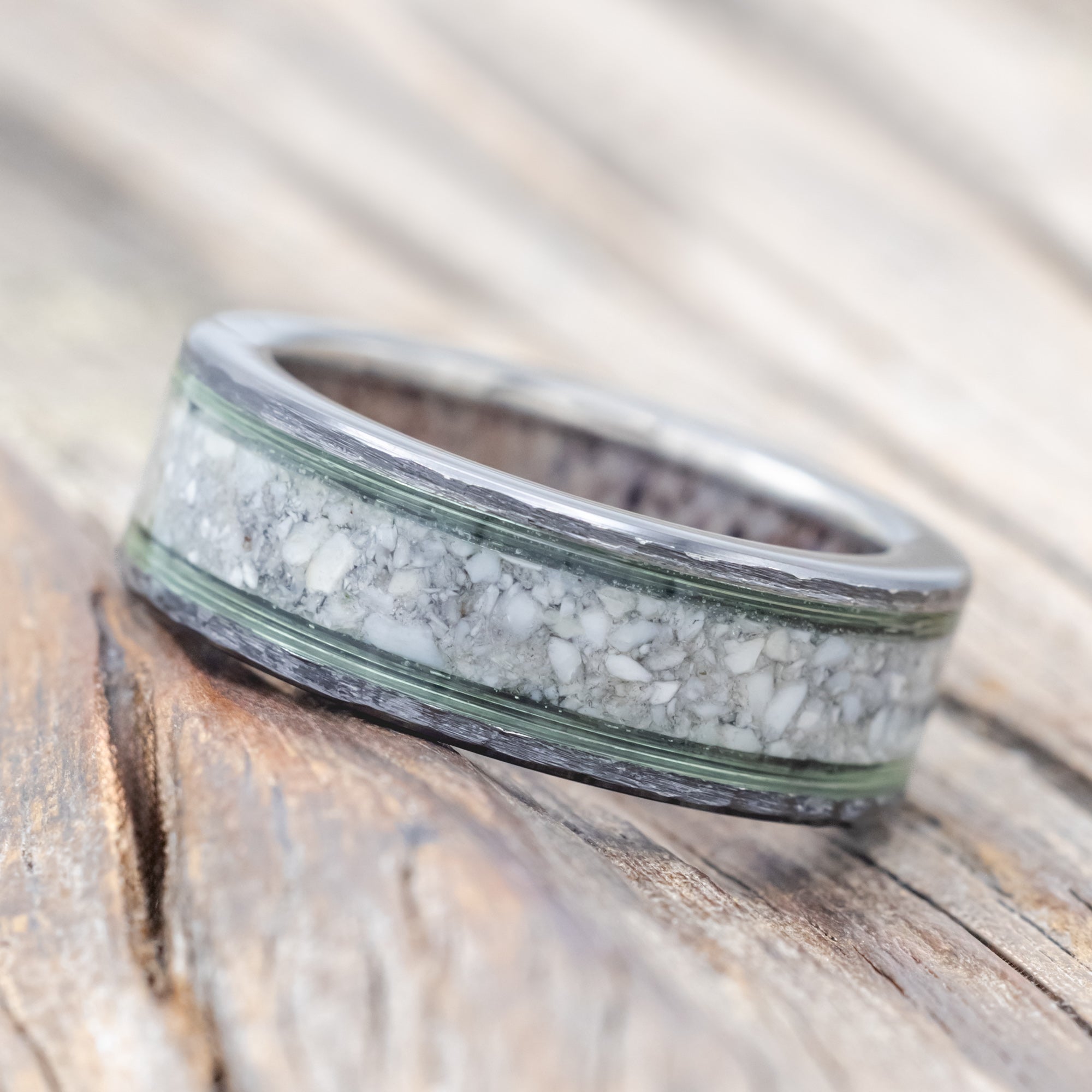 "RAINIER" - ELK IVORY & FISHING LINE WEDDING BAND WITH AN ANTLER LINING & A HAMMERED FINISH-Staghead Designs