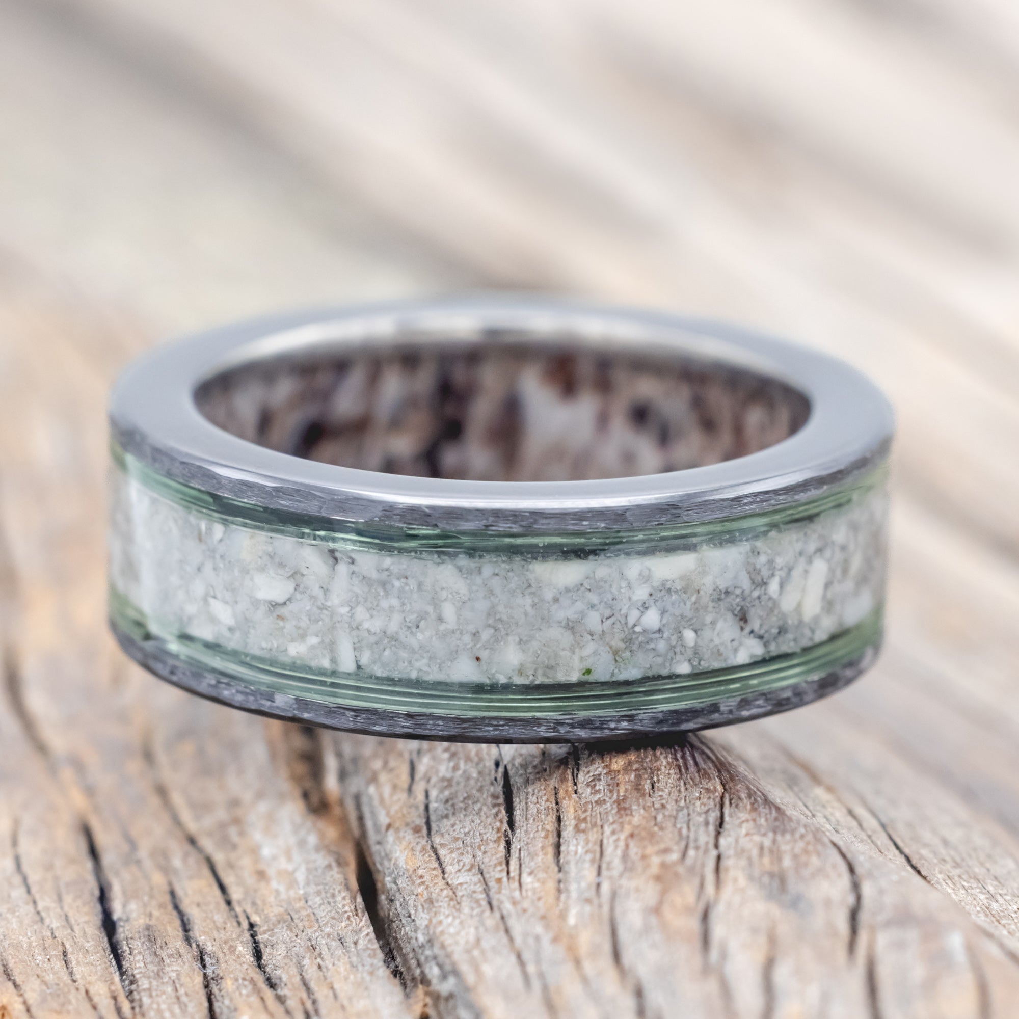 "RAINIER" - ELK IVORY & FISHING LINE WEDDING BAND WITH AN ANTLER LINING & A HAMMERED FINISH-Staghead Designs