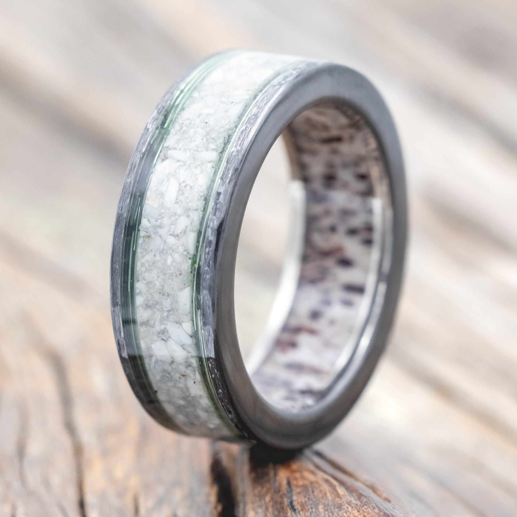 "RAINIER" - ELK IVORY & FISHING LINE WEDDING BAND WITH AN ANTLER LINING & A HAMMERED FINISH-Staghead Designs