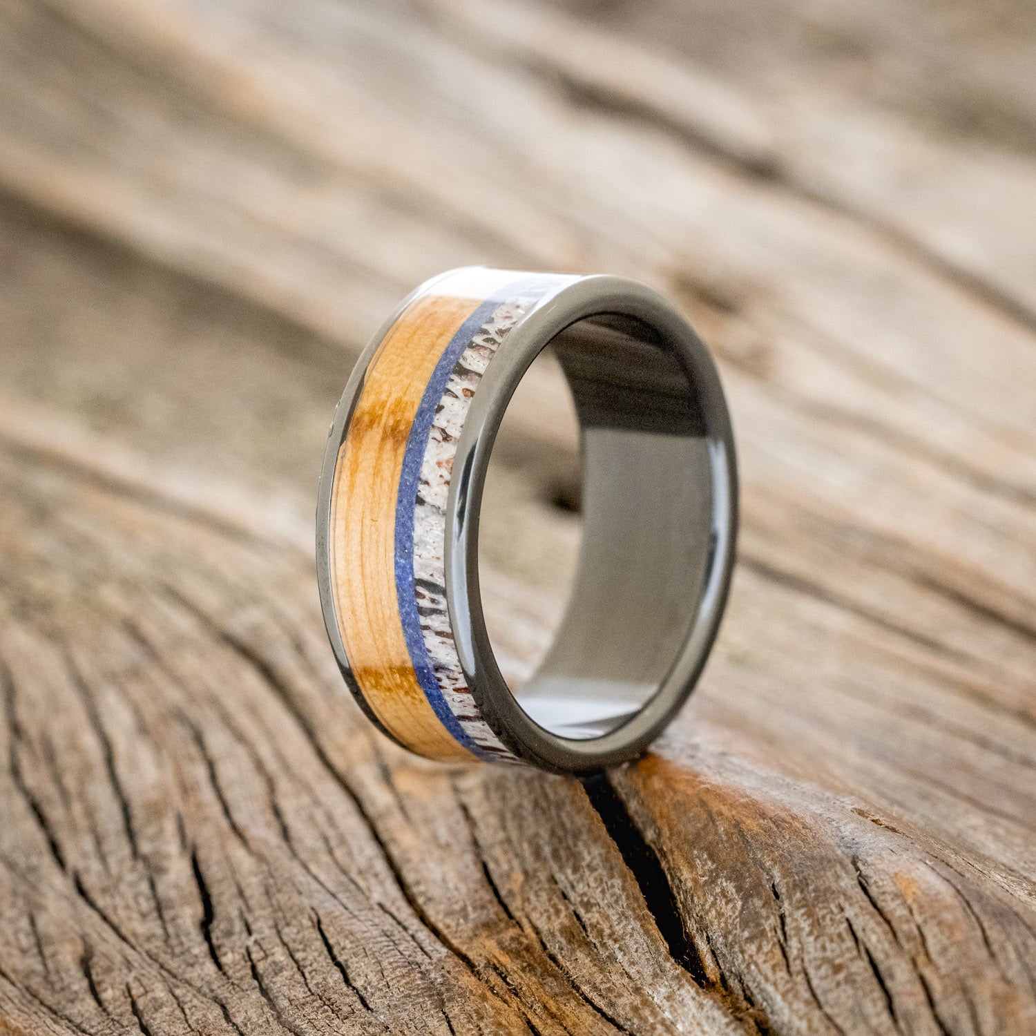 "RAINIER" - ANTLER, LAPIS LAZULI & WHISKEY BARREL OAK WEDDING BAND-4