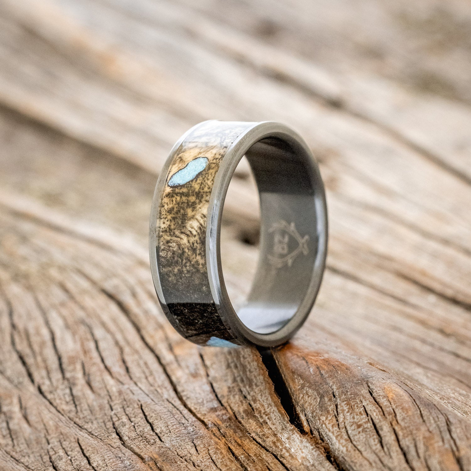 "RAINIER" - BUCKEYE BURL & TURQUOISE WEDDING BAND-4