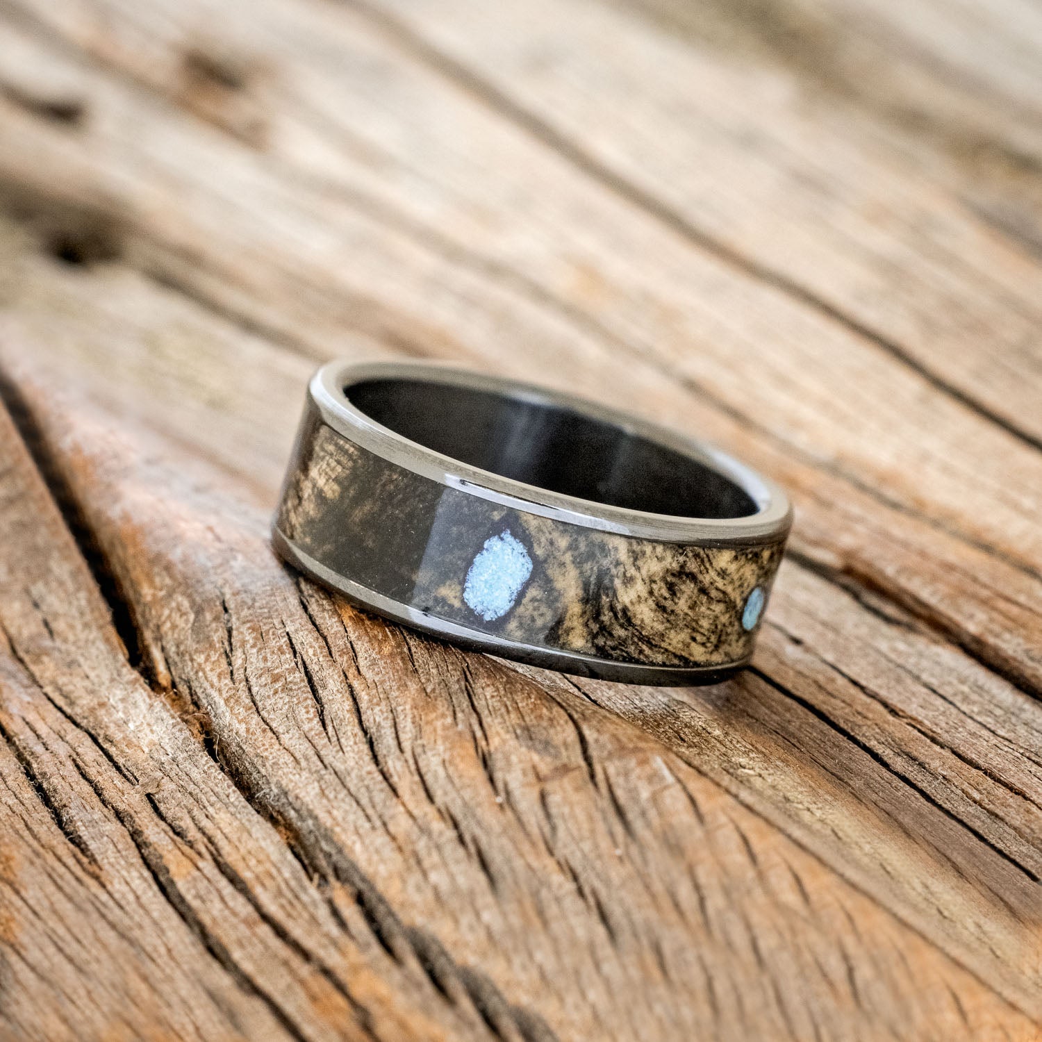 "RAINIER" - BUCKEYE BURL & TURQUOISE WEDDING BAND-5