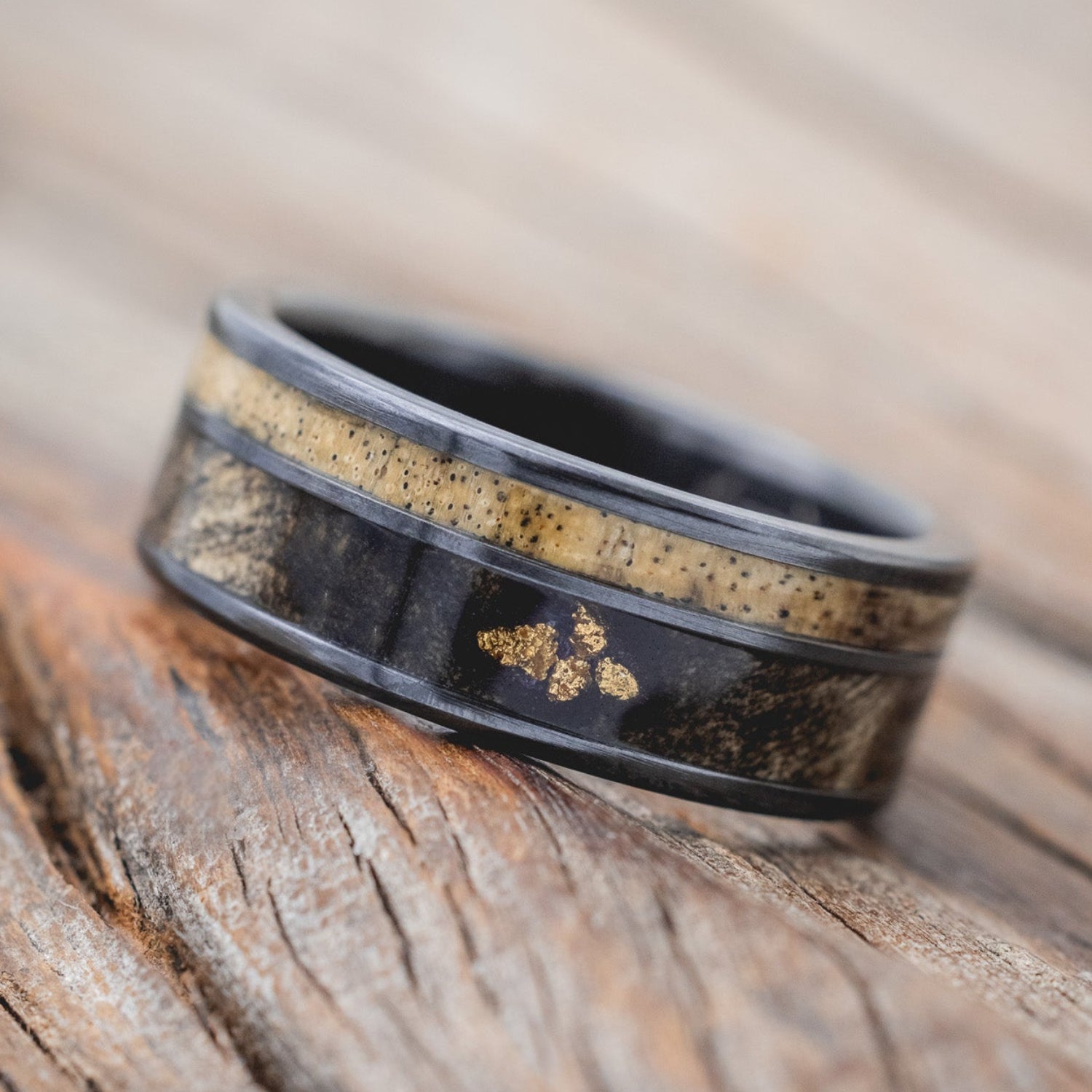 "RAPTOR" - ALASKAN PANNED GOLD NUGGETS SET IN BUCKEYE BURL & SPALTED MAPLE WOOD WEDDING RING-Staghead Designs