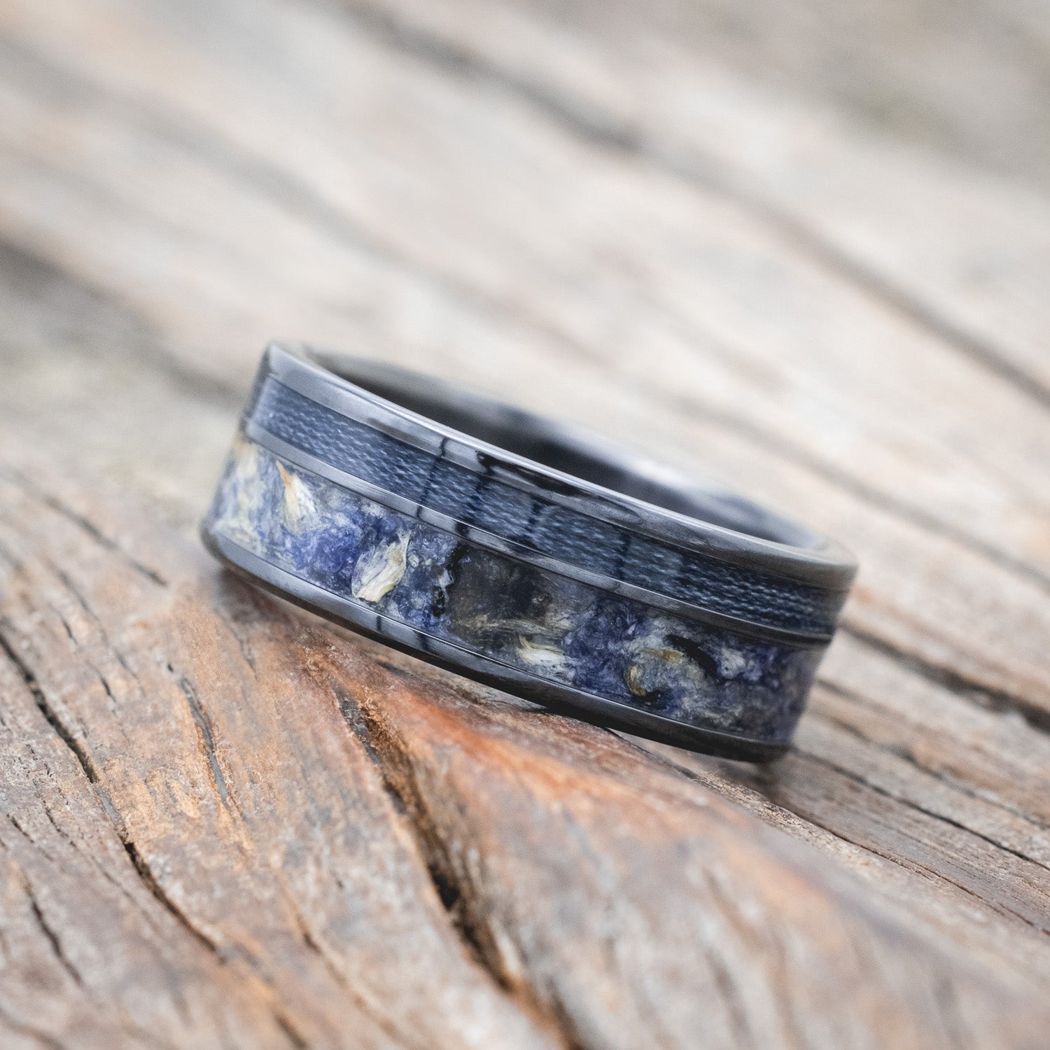 "RAPTOR" - BLUEBELL PETALS & GREY FISHING LINE INLAY WEDDING RING-Staghead Designs