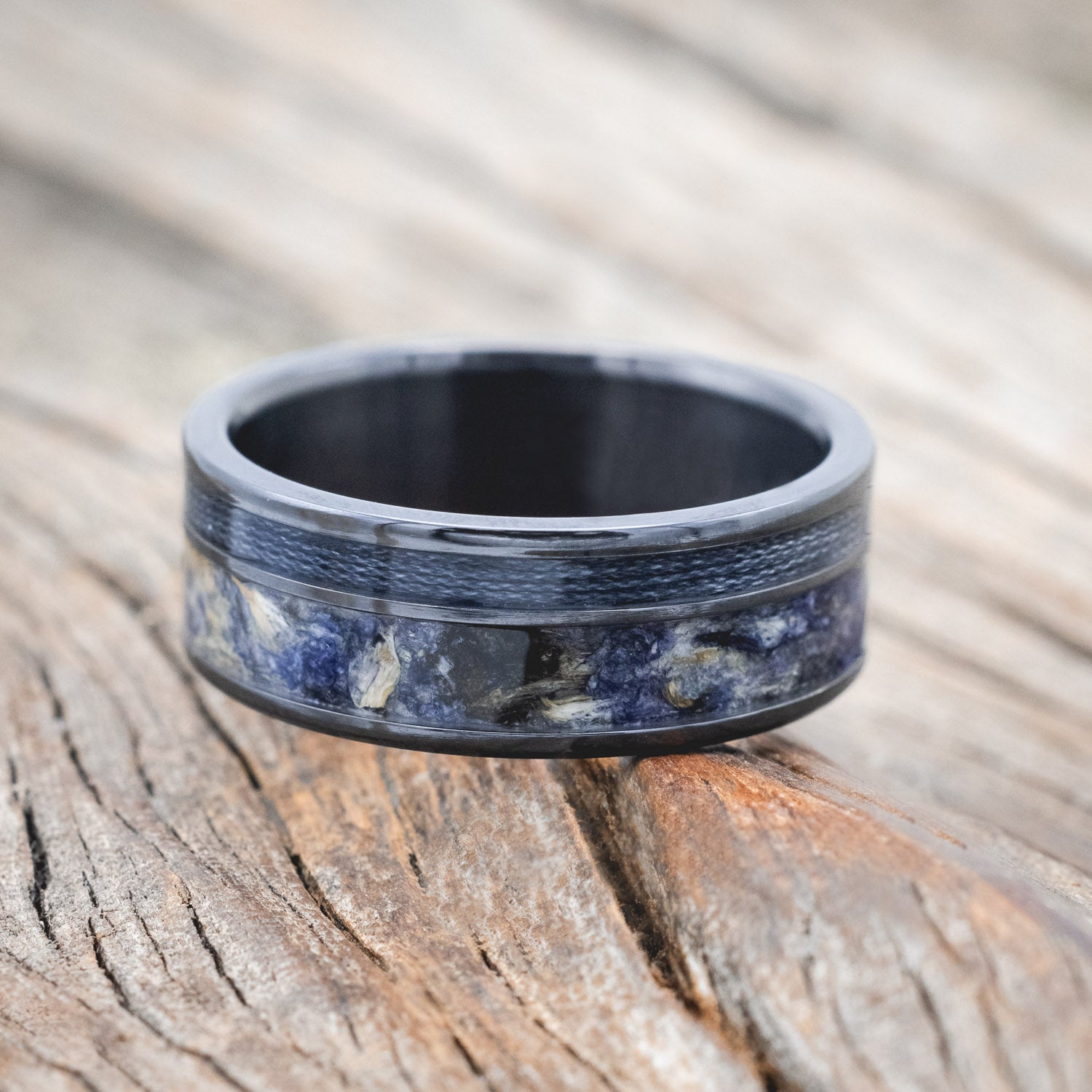 "RAPTOR" - BLUEBELL PETALS & GREY FISHING LINE INLAY WEDDING RING-Staghead Designs
