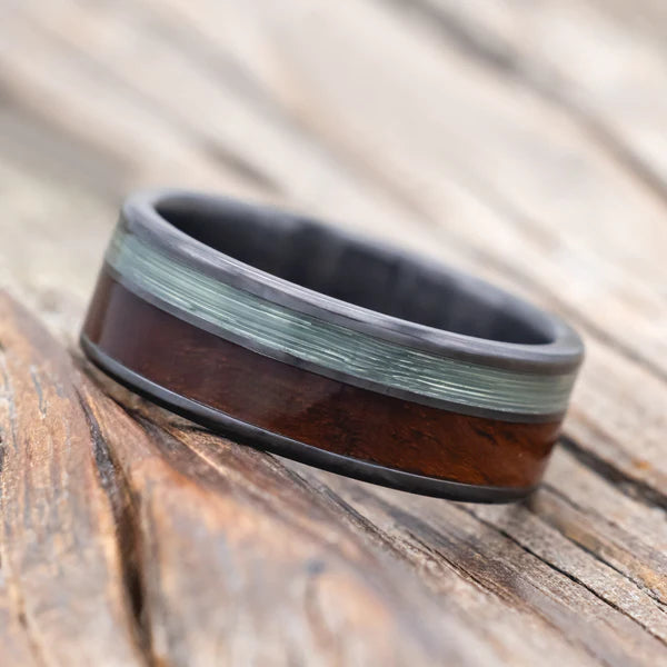 "Raptor" - Koa Wood & Fishing Line Wedding Ring - Black Zirconium - Size 11-Staghead Designs