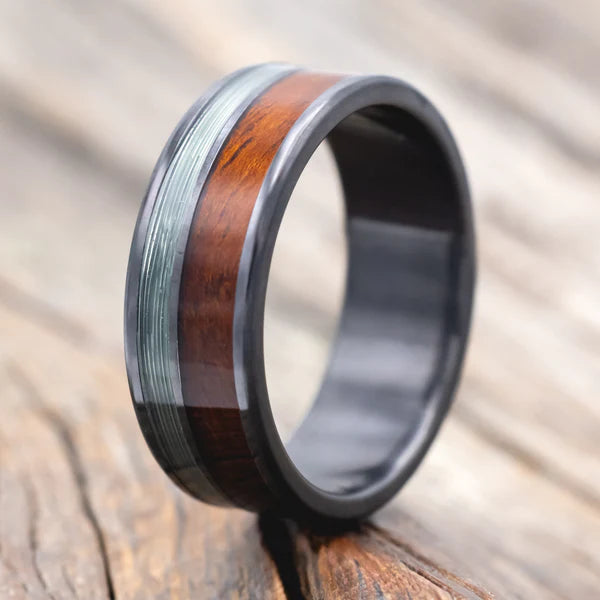 "Raptor" - Koa Wood & Fishing Line Wedding Ring - Black Zirconium - Size 11-Staghead Designs