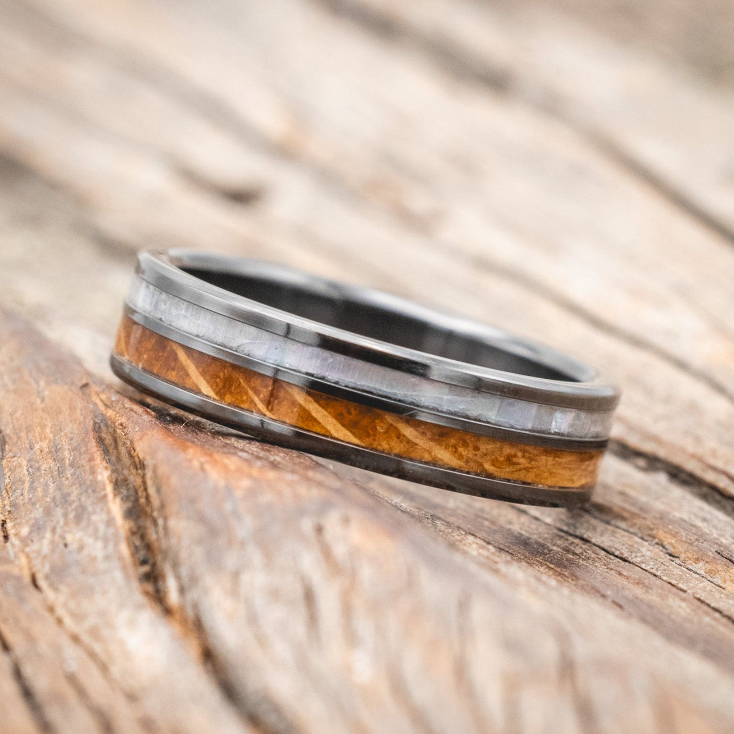 "RAPTOR" - MOTHER OF PEARL & WHISKEY BARREL OAK WEDDING BAND-Staghead Designs