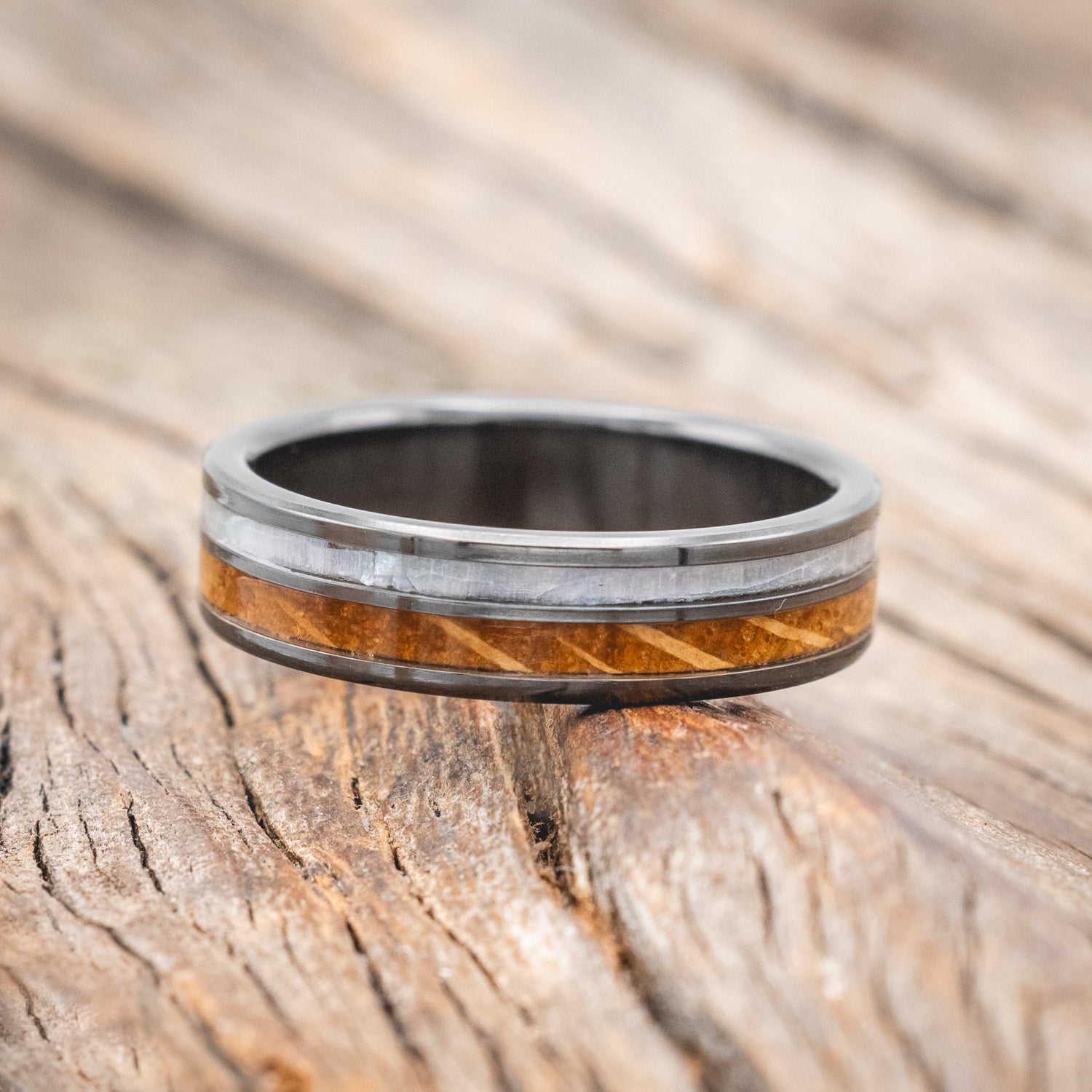 "RAPTOR" - MOTHER OF PEARL & WHISKEY BARREL OAK WEDDING BAND-Staghead Designs