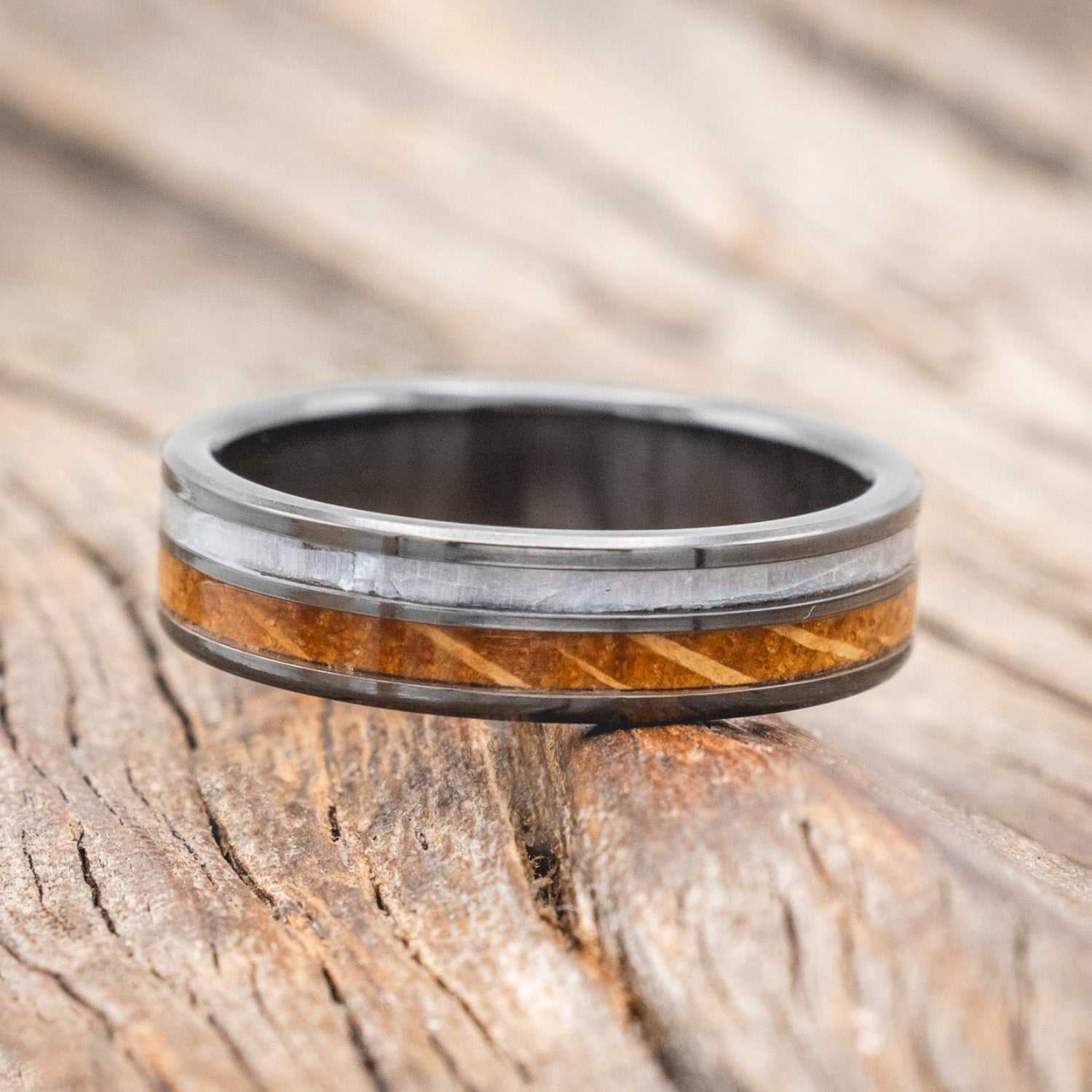 "RAPTOR" - MOTHER OF PEARL & WHISKEY BARREL OAK WEDDING BAND-Staghead Designs
