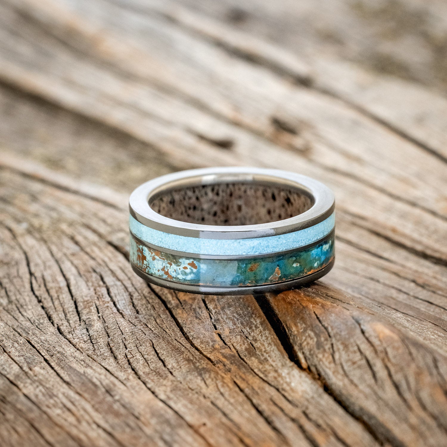 "RAPTOR" - PATINA COPPER & TURQUOISE WEDDING RING FEATURING AN ANTLER LINED BAND-8