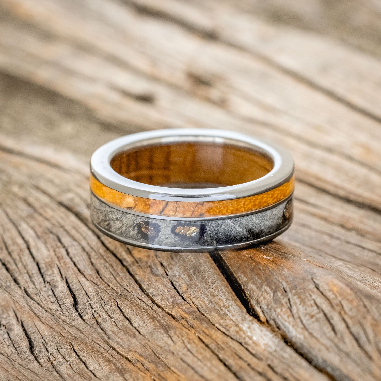 "RAPTOR" - WHISKEY BARREL LINED WEDDING RING WITH GOLD NUGGETS IN BUCKEYE BURL WOOD & A SPALTED MAPLE INLAY-9
