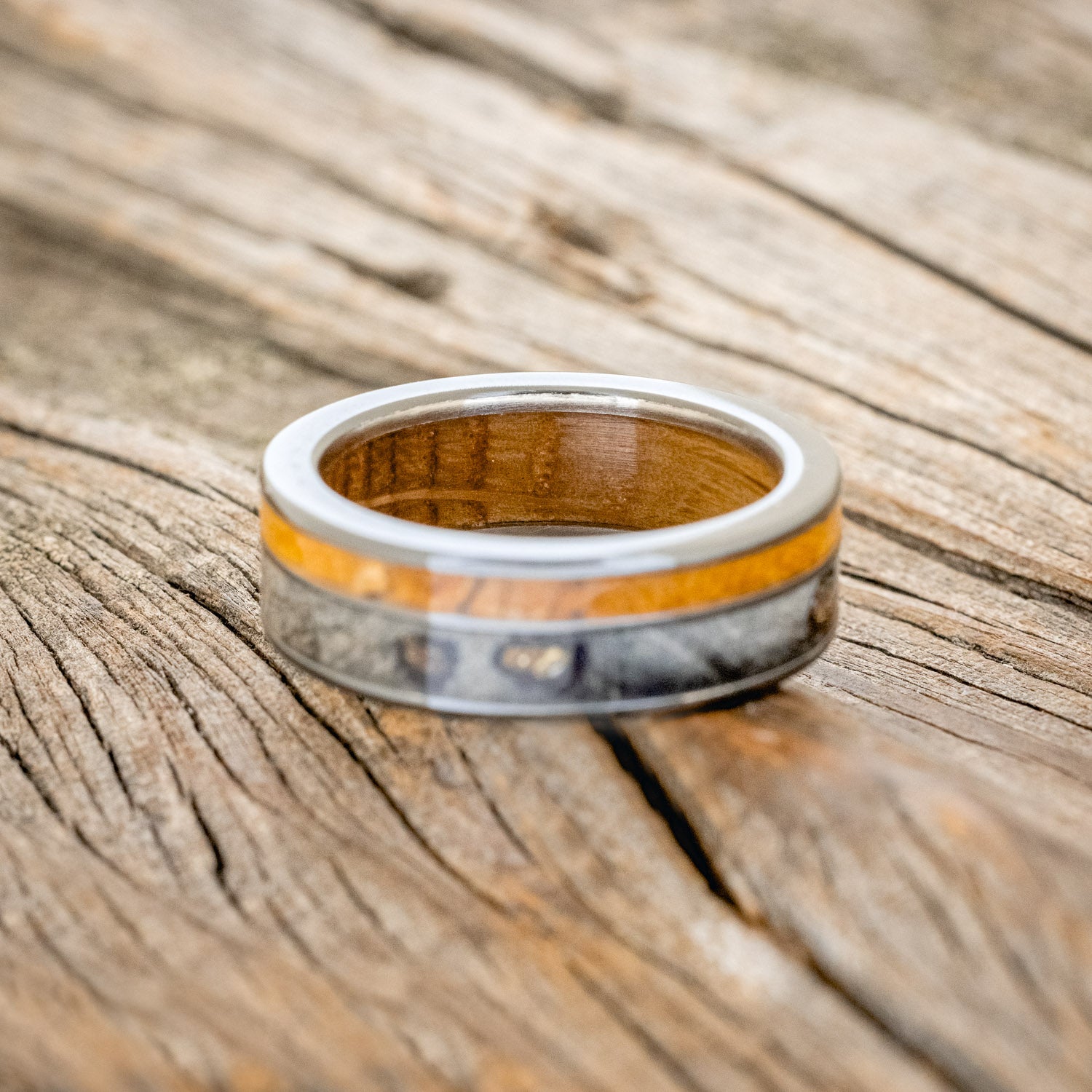 "RAPTOR" - WHISKEY BARREL LINED WEDDING RING WITH GOLD NUGGETS IN BUCKEYE BURL WOOD & A SPALTED MAPLE INLAY-12
