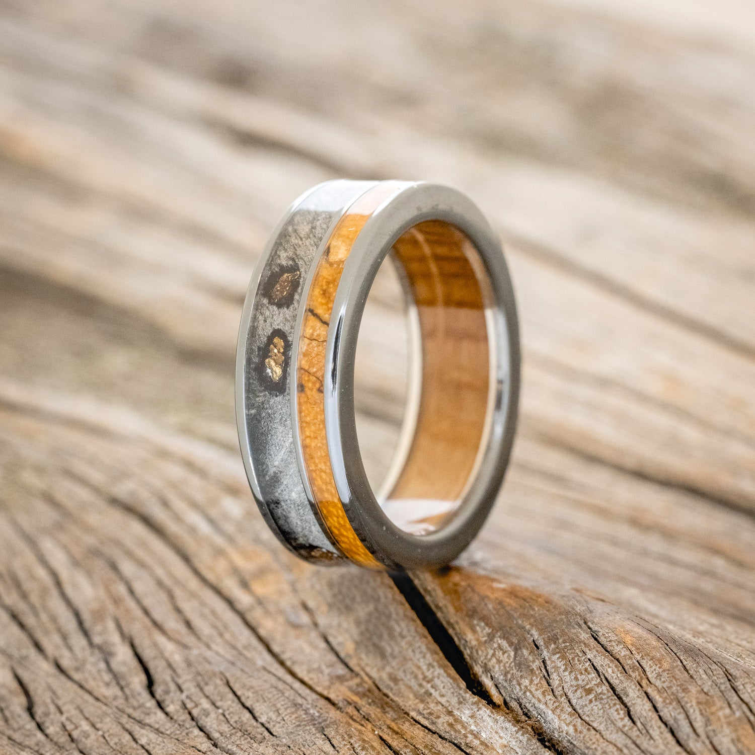 "RAPTOR" - WHISKEY BARREL LINED WEDDING RING WITH GOLD NUGGETS IN BUCKEYE BURL WOOD & A SPALTED MAPLE INLAY-7