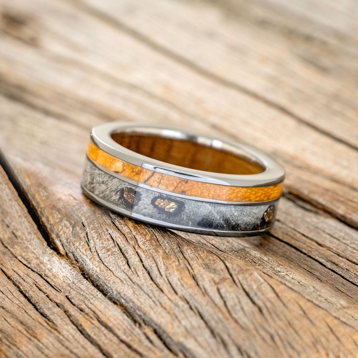 "RAPTOR" - WHISKEY BARREL LINED WEDDING RING WITH GOLD NUGGETS IN BUCKEYE BURL WOOD & A SPALTED MAPLE INLAY-8