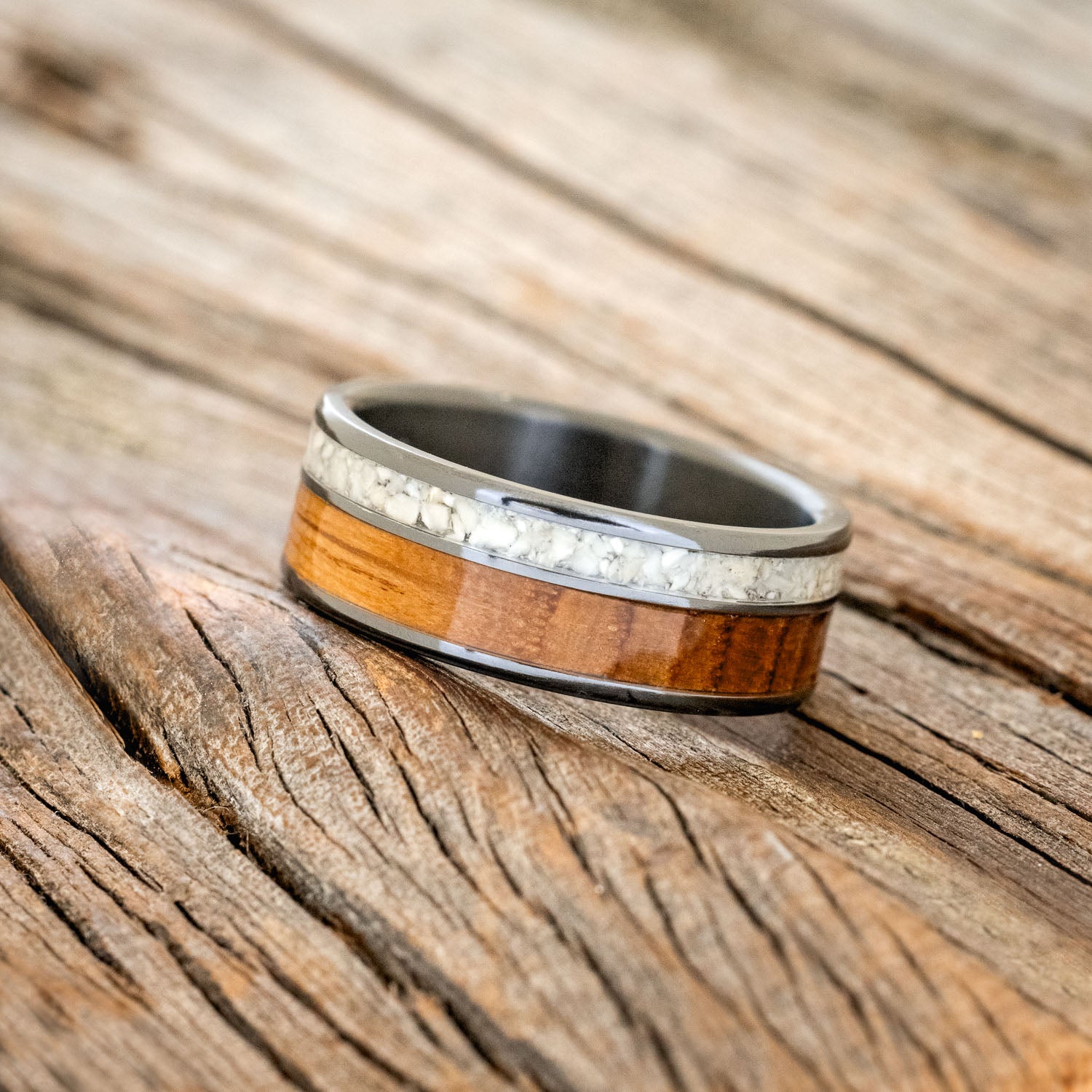 "RAPTOR" - WHISKEY BARREL OAK & ELK TOOTH IVORY WEDDING BAND-5