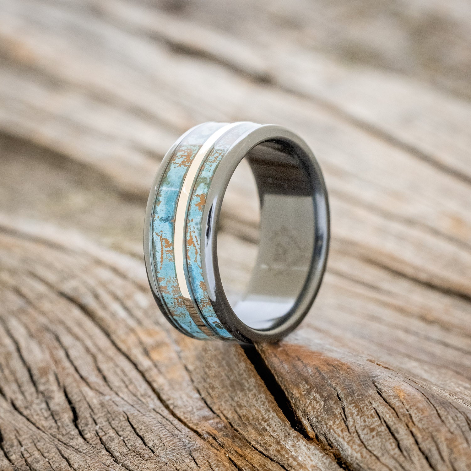 "RAPTOR" - PATINA COPPER & 14K GOLD INLAY WEDDING RING-4