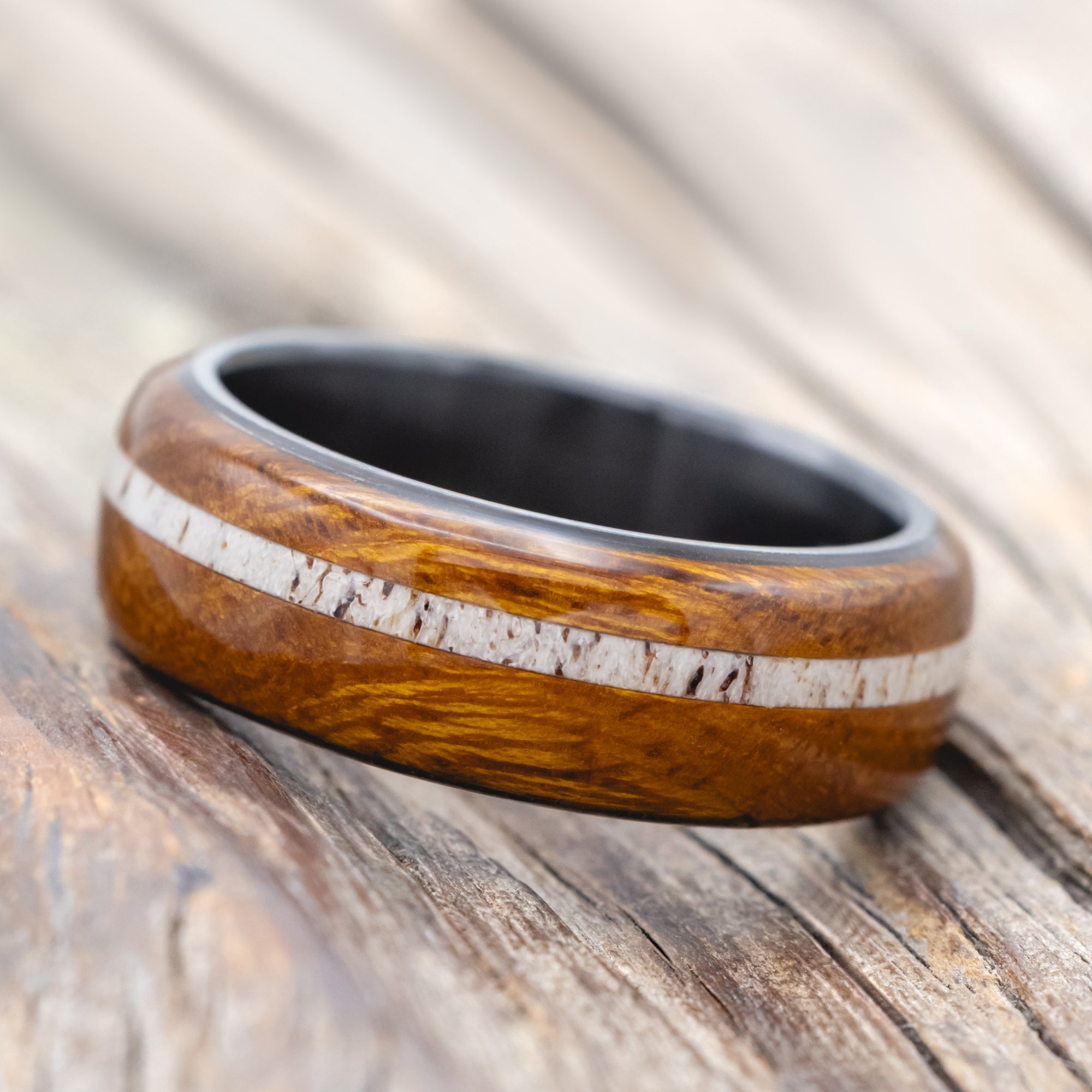 "REMMY" - IRONWOOD & ANTLER WEDDING BAND-Staghead Designs
