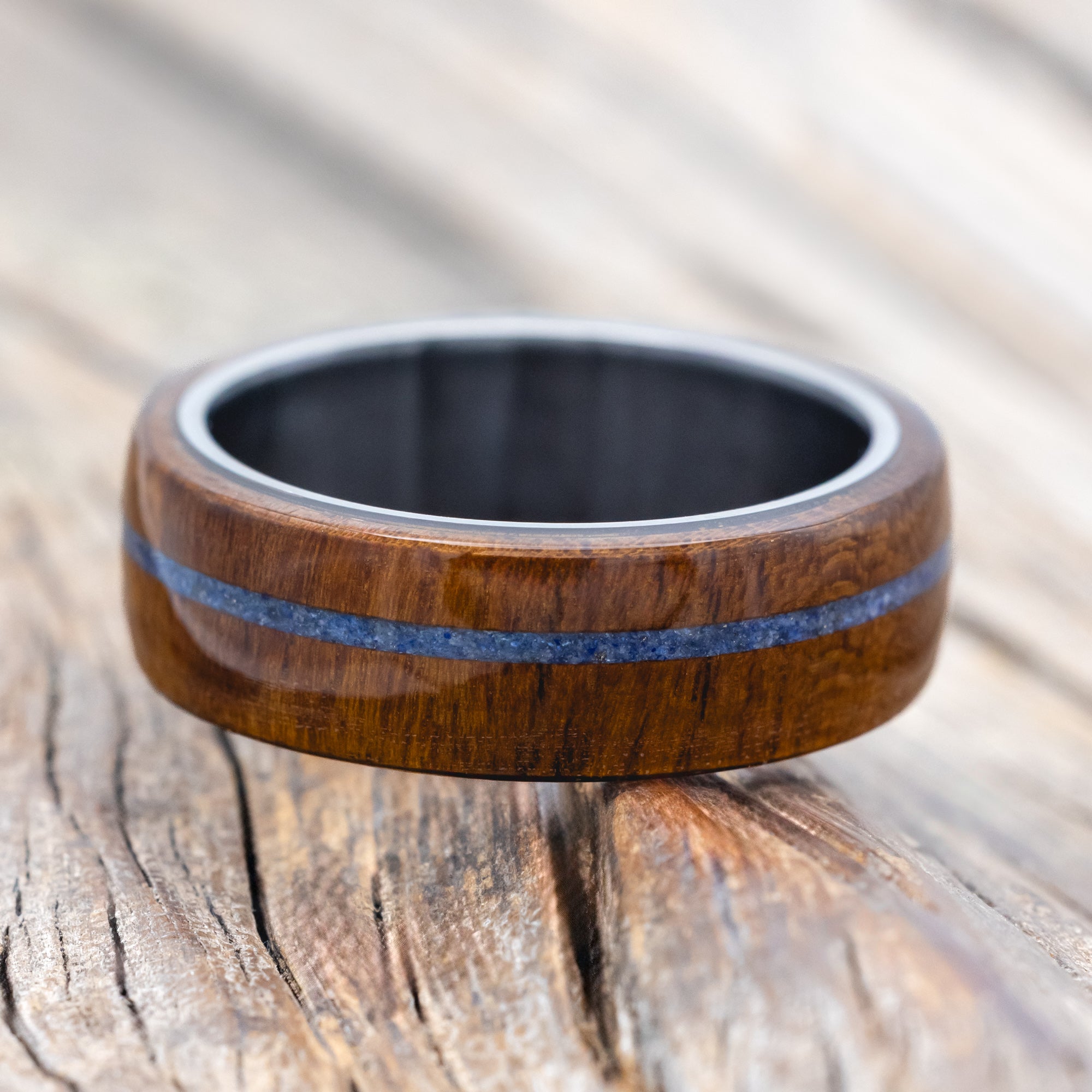 "REMMY" - IRONWOOD & LAPIS LAZULI INLAY WEDDING BAND-Staghead Designs