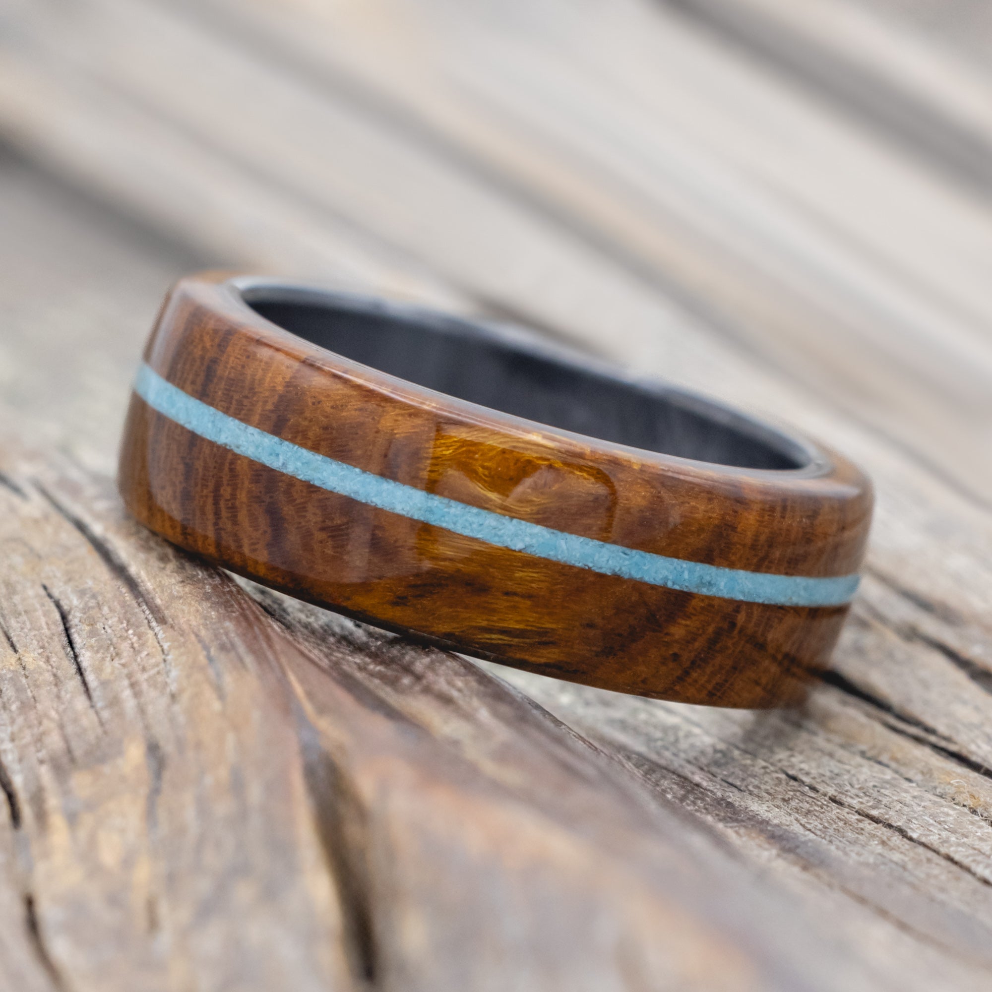 "REMMY" - IRONWOOD & TURQUOISE WEDDING RING-Staghead Designs