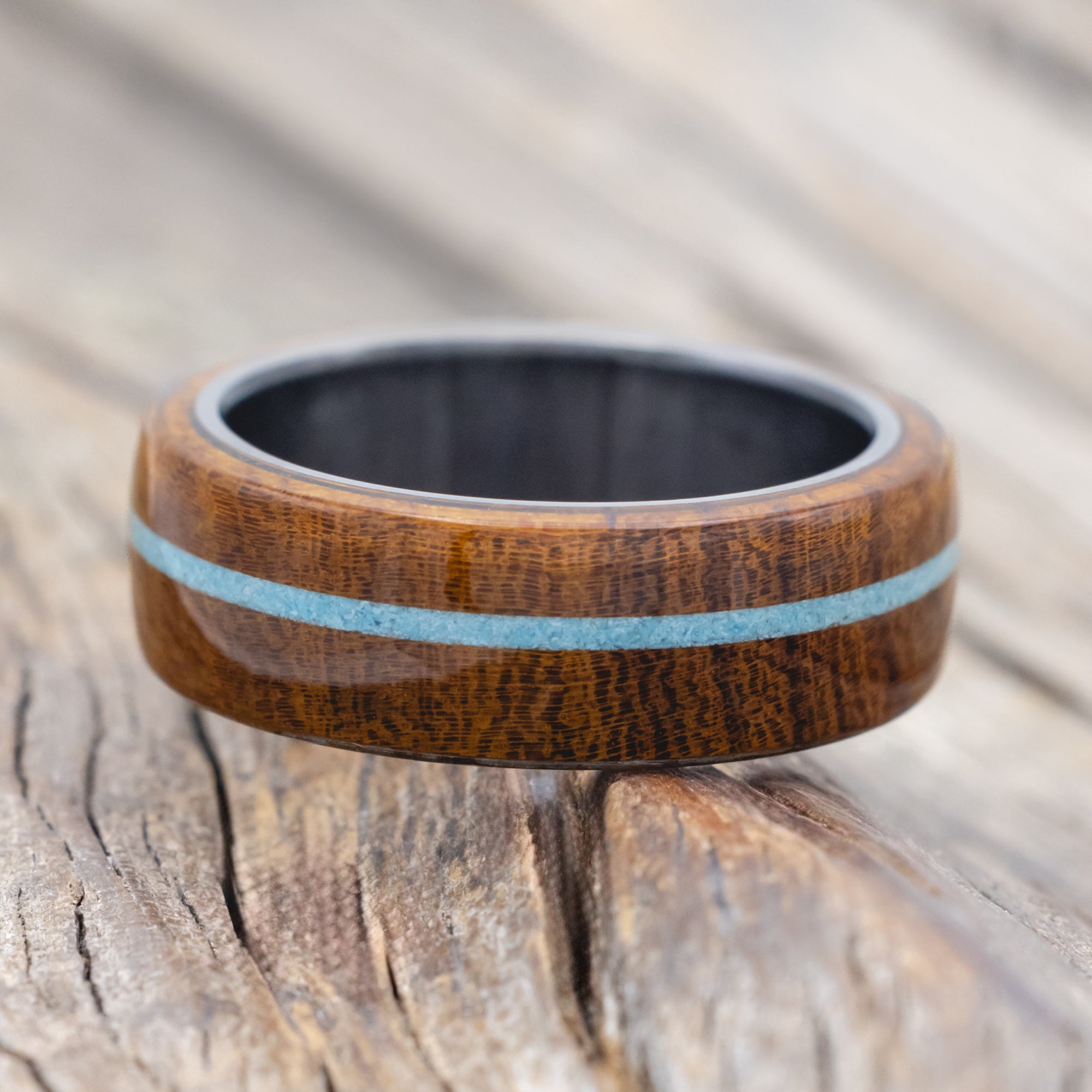 "REMMY" - IRONWOOD & TURQUOISE WEDDING RING-Staghead Designs