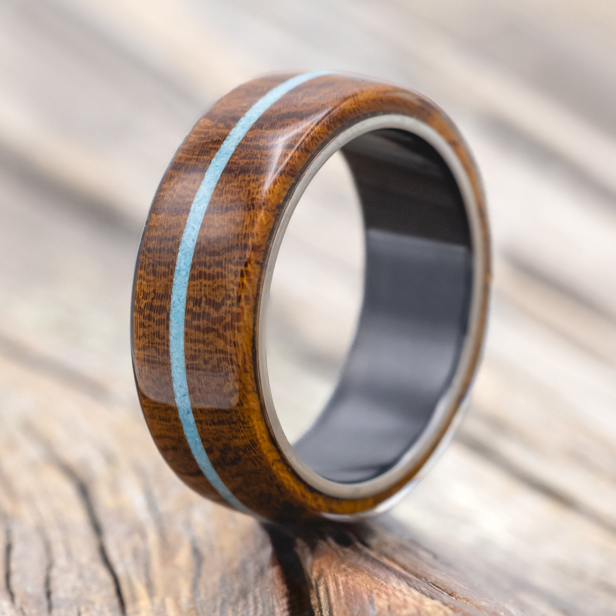"REMMY" - IRONWOOD & TURQUOISE WEDDING RING-Staghead Designs