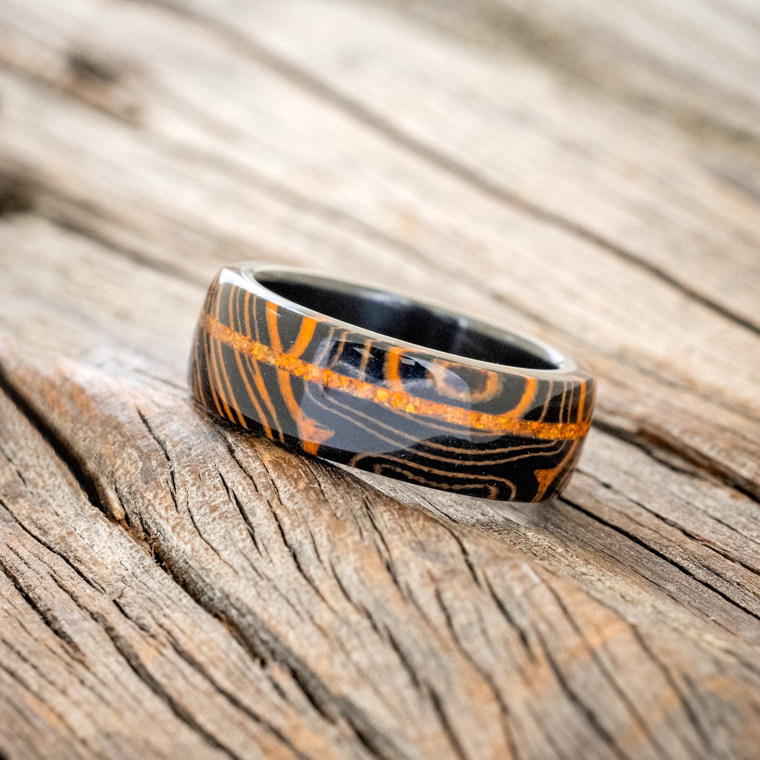 "REMMY" - ORANGE & BLACK WAVE WEDDING BAND WITH AN ORANGE OPAL INLAY-5