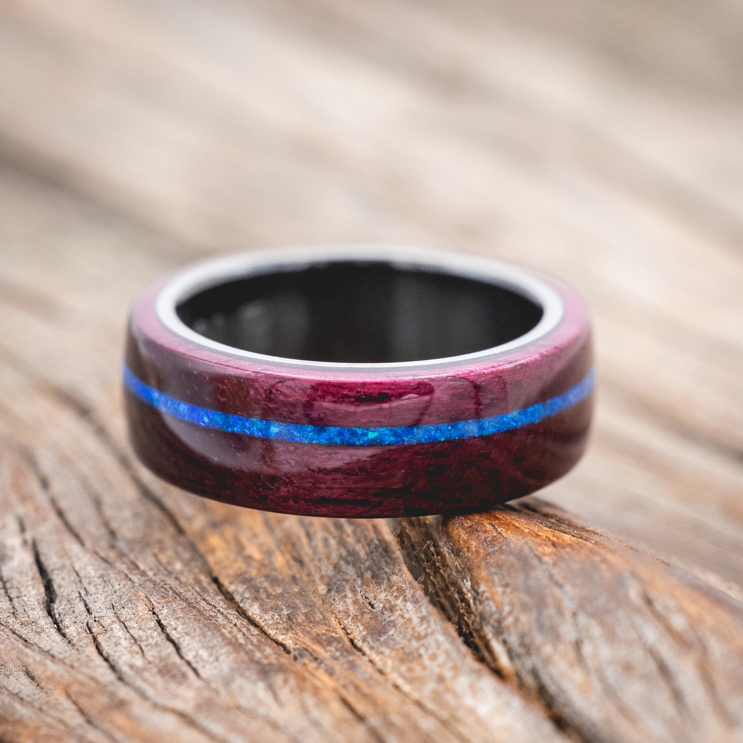 "REMMY" - PURPLE HEART WOOD WEDDING BAND WITH A BLUE OPAL INLAY-Staghead Designs