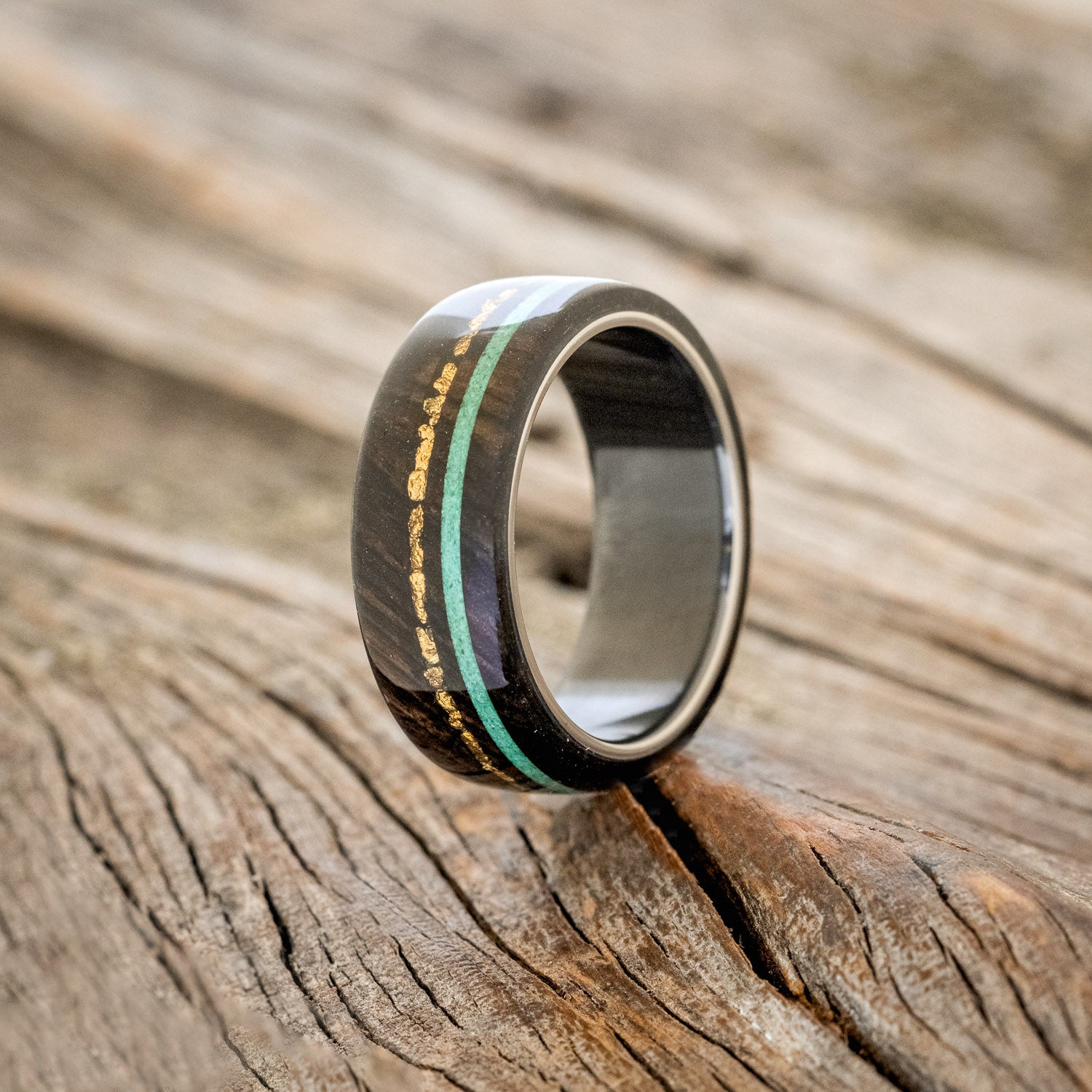 "REMMY" - AFRICAN BLACK WOOD, GOLD NUGGETS & MALACHITE WEDDING RING-5