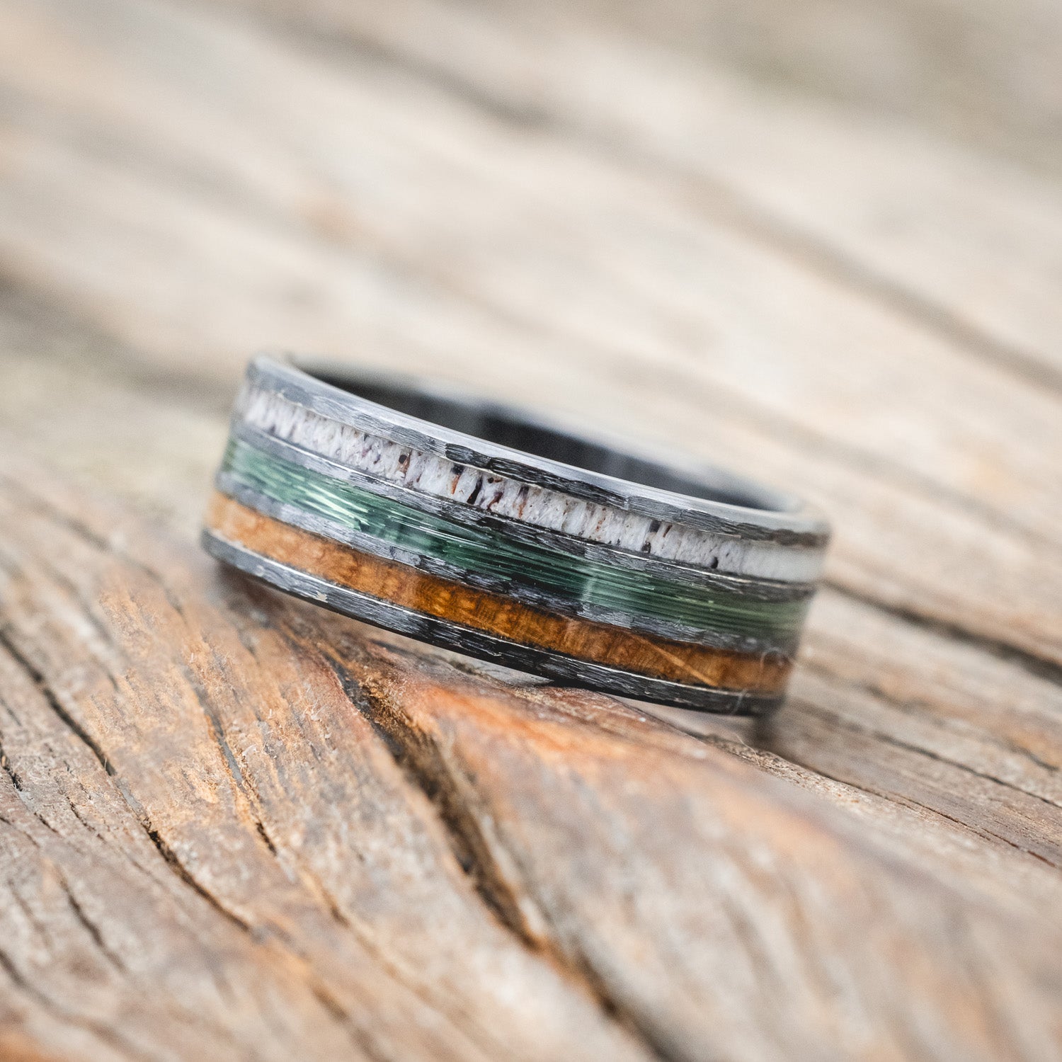 "RIO" - ANTLER, WHISKEY BARREL OAK & GREEN MONO FISHING LINE WEDDING BAND WITH A HAMMERED FINISH-Staghead Designs