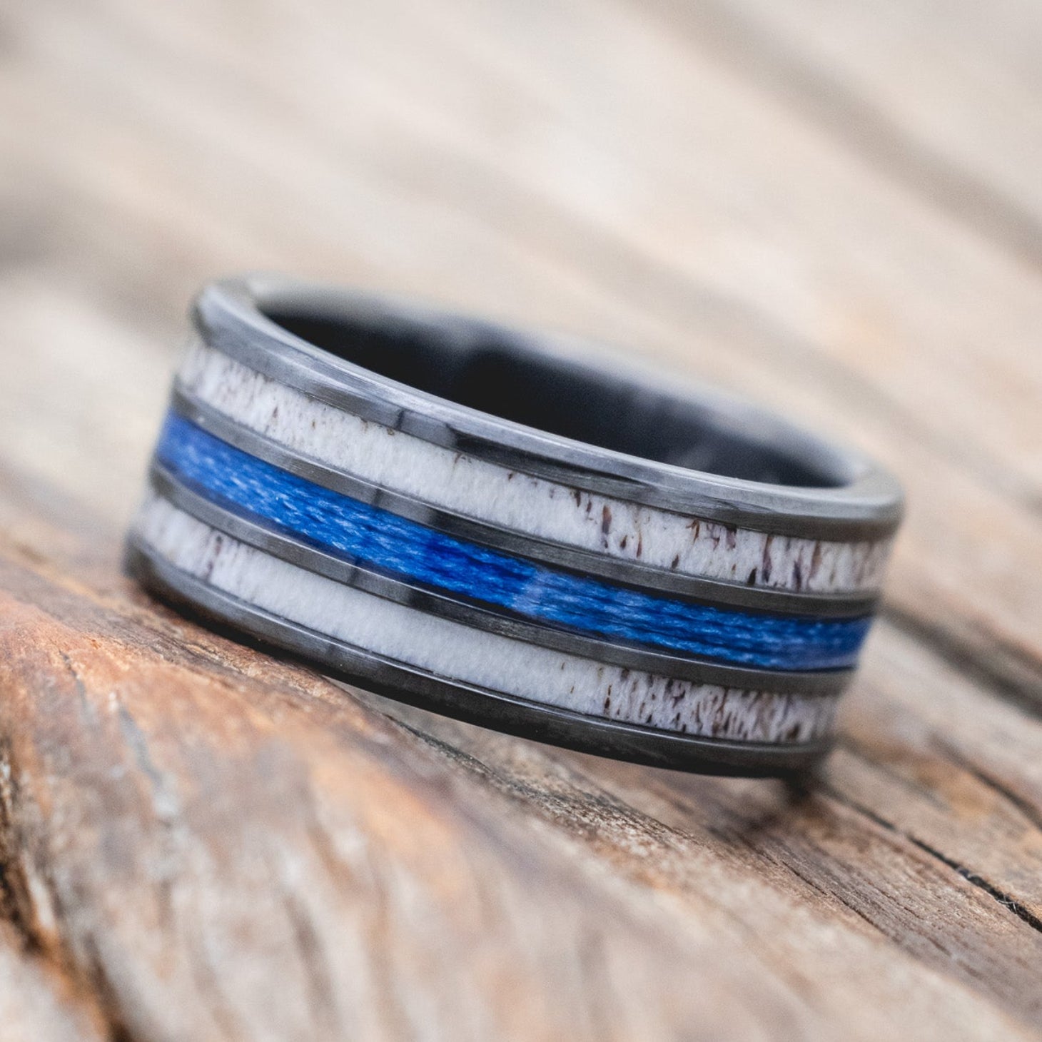 "RIO" - ANTLER & BLUE FISHING LINE WEDDING BAND-Staghead Designs